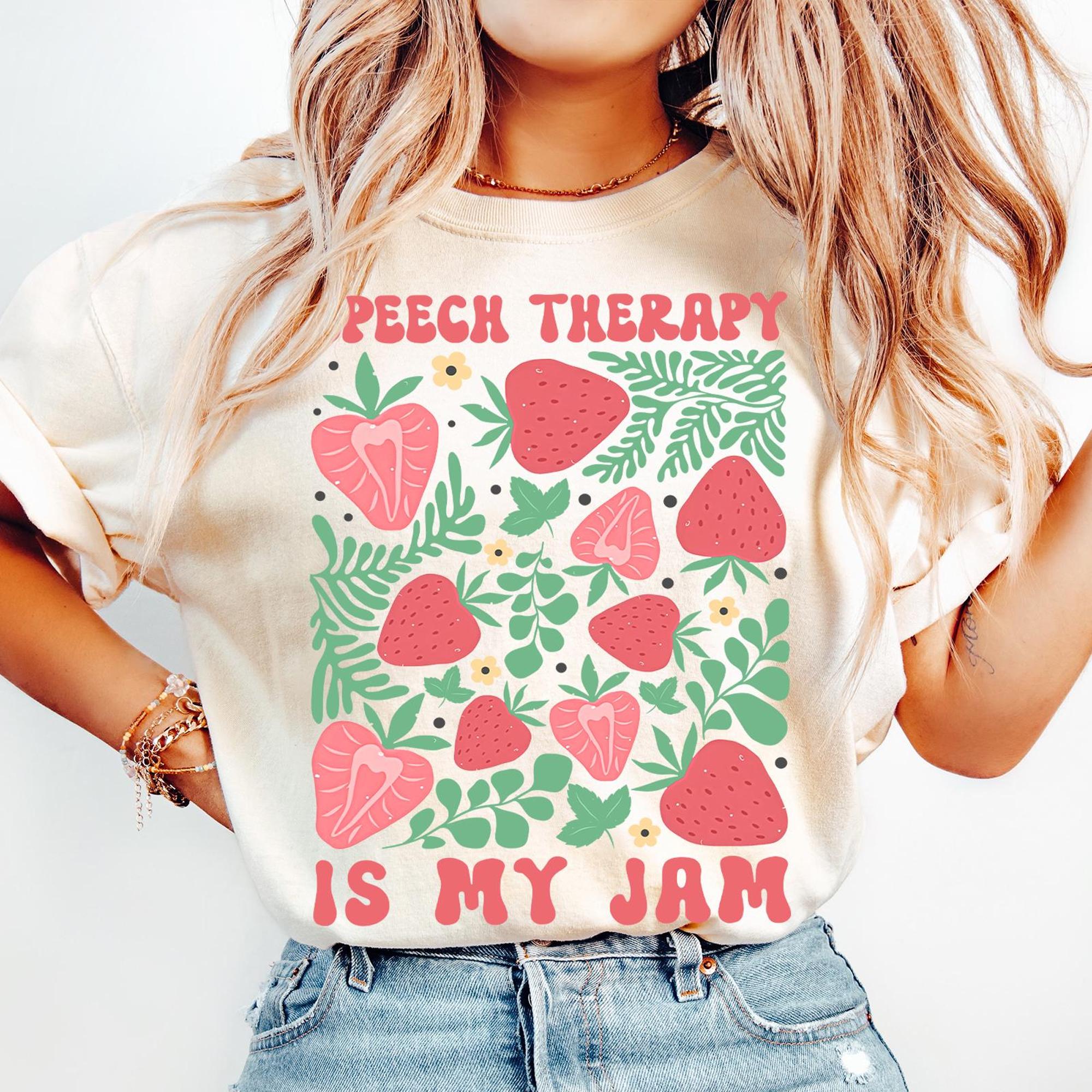 Women's Soft Vintage Speech Therapy Graphic Tshirt Apparel - Ivory Ribbed Cotton Fabric, Short Sleeve, Strawberry Print, Groovy Cottagecore Boho Streetwear, Kangaroo Pocket, SLP Graduation Gift, Summer Casual Fit Top 2