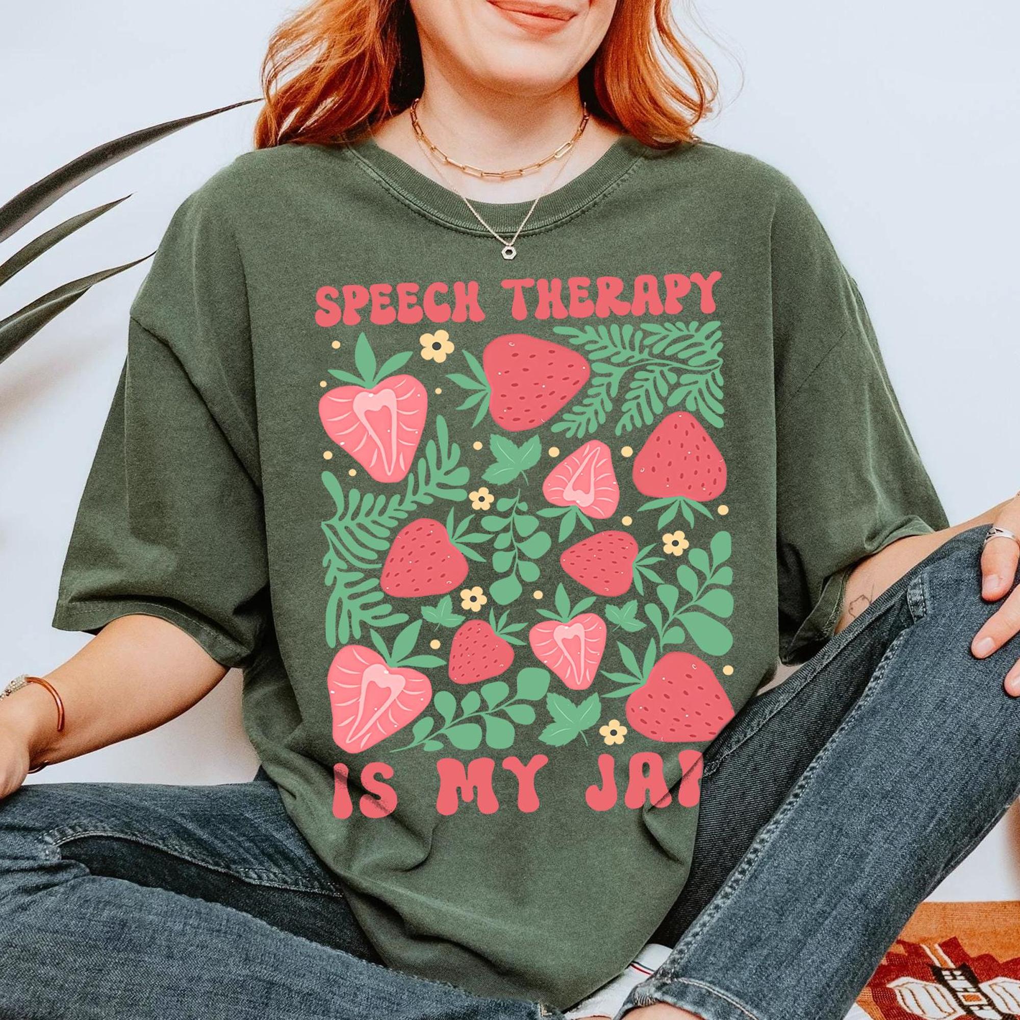 Women's Soft Vintage Speech Therapy Graphic Tshirt Apparel - Ivory Ribbed Cotton Fabric, Short Sleeve, Strawberry Print, Groovy Cottagecore Boho Streetwear, Kangaroo Pocket, SLP Graduation Gift, Summer Casual Fit Top 4