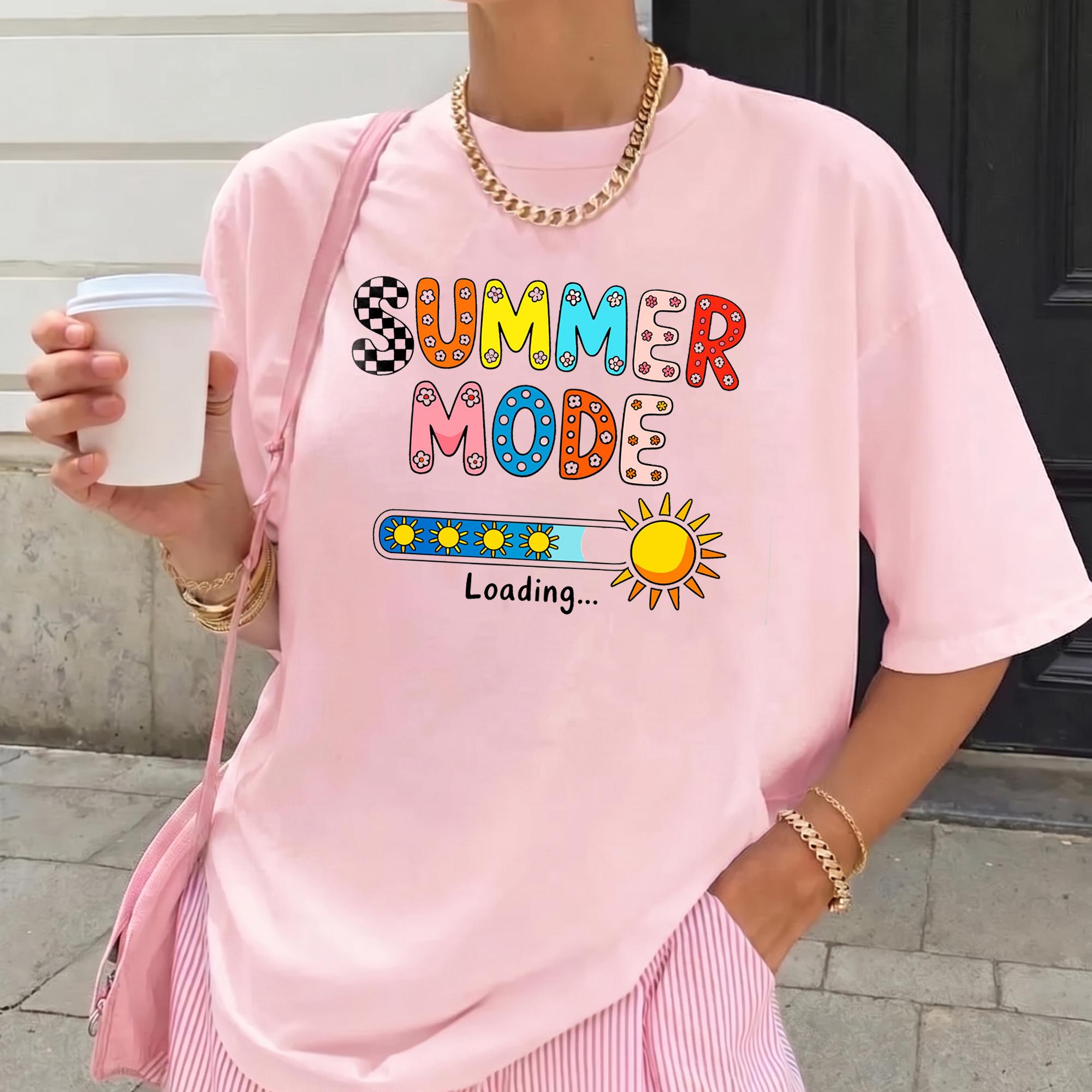 Summer Mode Loading Graphic Oversized T-Shirt For Women Retro Groovy Y2K Aesthetic Streetwear Outfits Pastel Yellow Lightweight Cotton Crew Neck Top Colorful Bubble Letters Print Cute Vacation 4