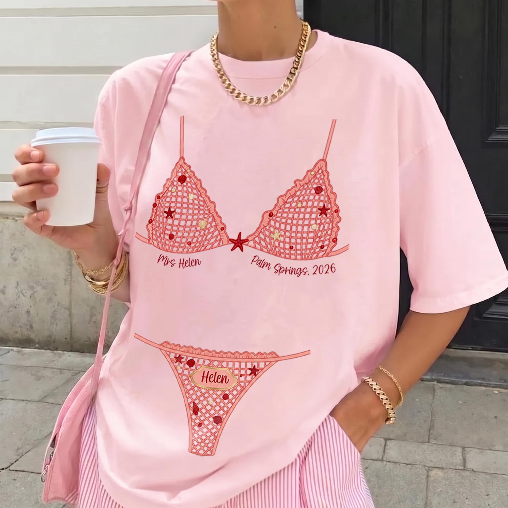 Personalized Crochet Bikini Print Oversized T-Shirt Cover Up For Women Bachelorette Bridal Party Matching Preppy Coquette Y2K Beach Vacation White Cotton Graphic Tee Custom Name Text Mrs Bride Swimsuit Illusion Shirt Novelty Summer Top Clothing 3