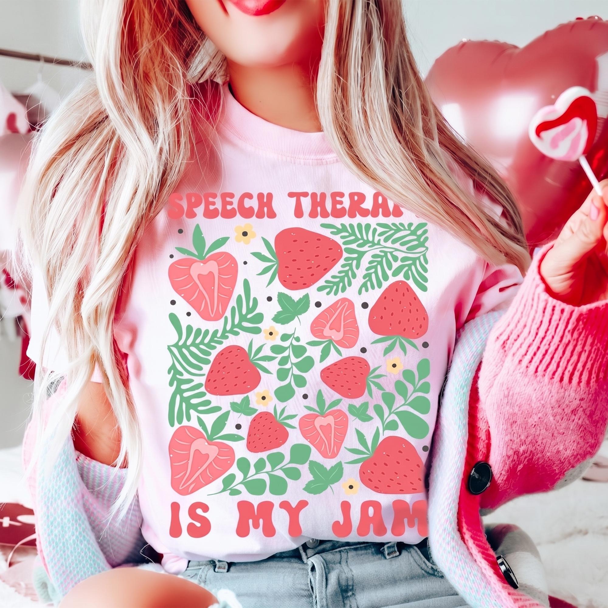 Women's Soft Vintage Speech Therapy Graphic Tshirt Apparel - Ivory Ribbed Cotton Fabric, Short Sleeve, Strawberry Print, Groovy Cottagecore Boho Streetwear, Kangaroo Pocket, SLP Graduation Gift, Summer Casual Fit Top 3
