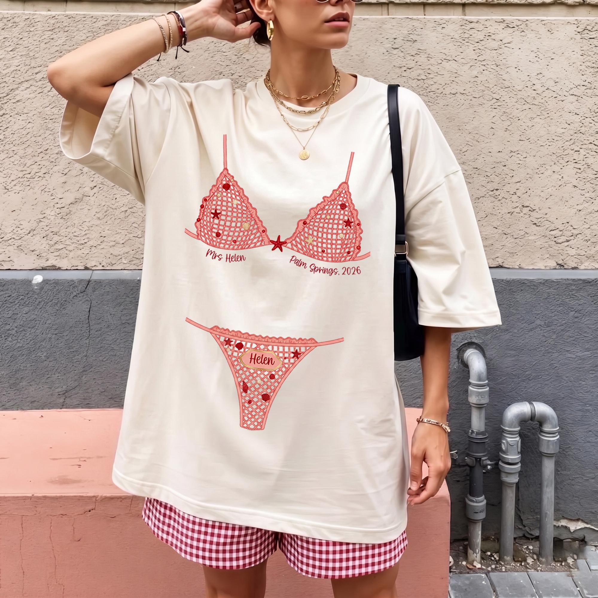 Personalized Crochet Bikini Print Oversized T-Shirt Cover Up For Women Bachelorette Bridal Party Matching Preppy Coquette Y2K Beach Vacation White Cotton Graphic Tee Custom Name Text Mrs Bride Swimsuit Illusion Shirt Novelty Summer Top Clothing 2