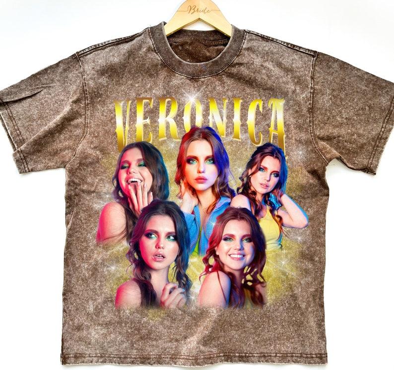 Women's Ribbed Custom Photo Fleece T-Shirt - Kangaroo Pocket, Breathable Streetwear Apparel, 90s Vintage Bootleg, Multi Photo With Name, Retro Lightning Graphic, Oversized Washed Unisex Matching Gift Top 2
