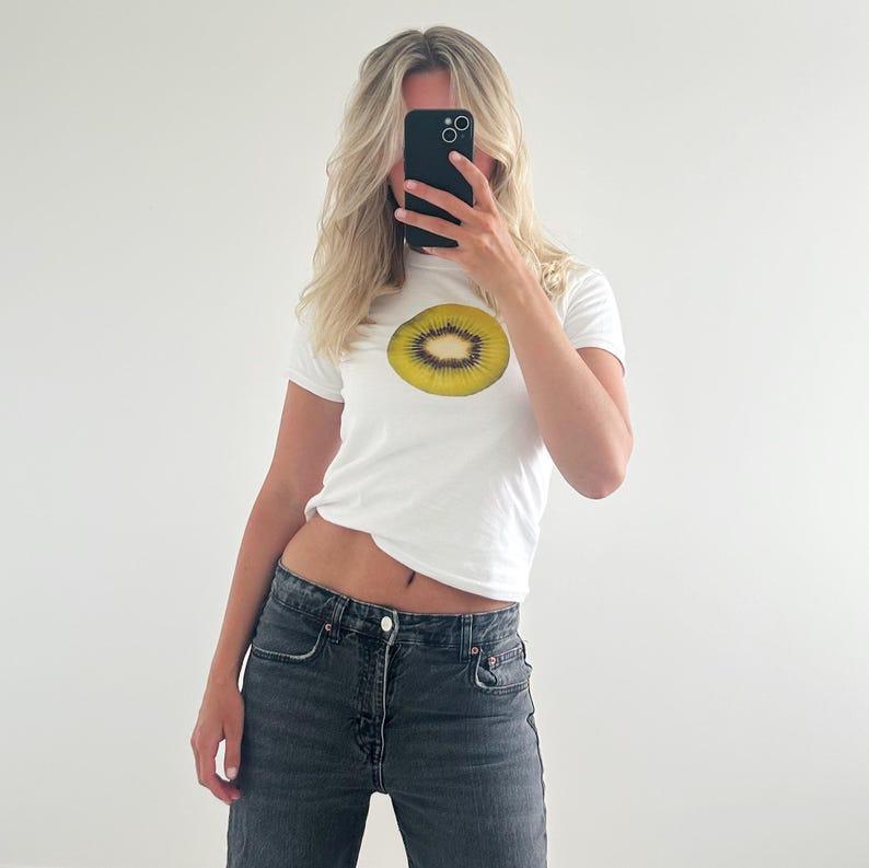 Custom Baby Tee Women, Y2K Aesthetic Crop Top, Personalized Photo Print, Gummy Bear Kiwi Retro Car Design, 90s Vintage T-shirt, Slim Fit Streetwear, Gift For Her 2