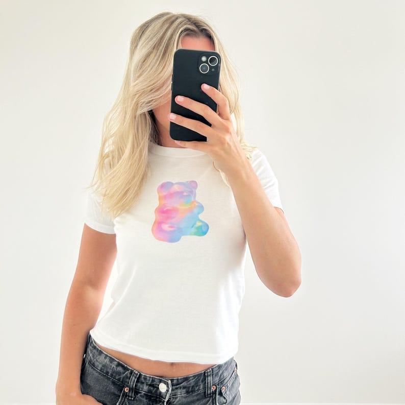 Custom Baby Tee Women, Y2K Aesthetic Crop Top, Personalized Photo Print, Gummy Bear Kiwi Retro Car Design, 90s Vintage T-shirt, Slim Fit Streetwear, Gift For Her 4