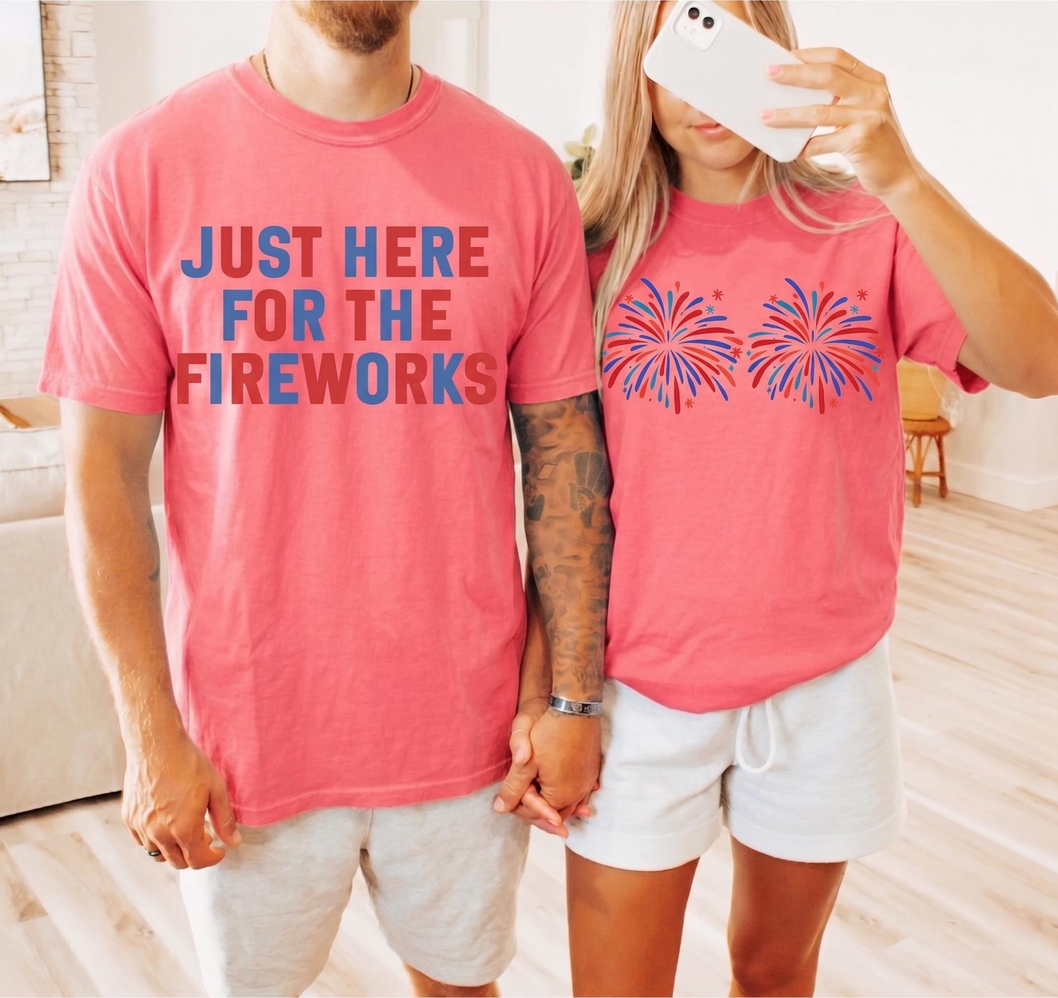 Just Here For The Fireworks 4th Of July Matching Couple Shirts, Funny Graphic T-Shirt Men Women Patriotic Americana Aesthetic Light Blue Cotton Tee, Independence Day Apparel Summer Holiday Outfits Red White And Blue Tops 2