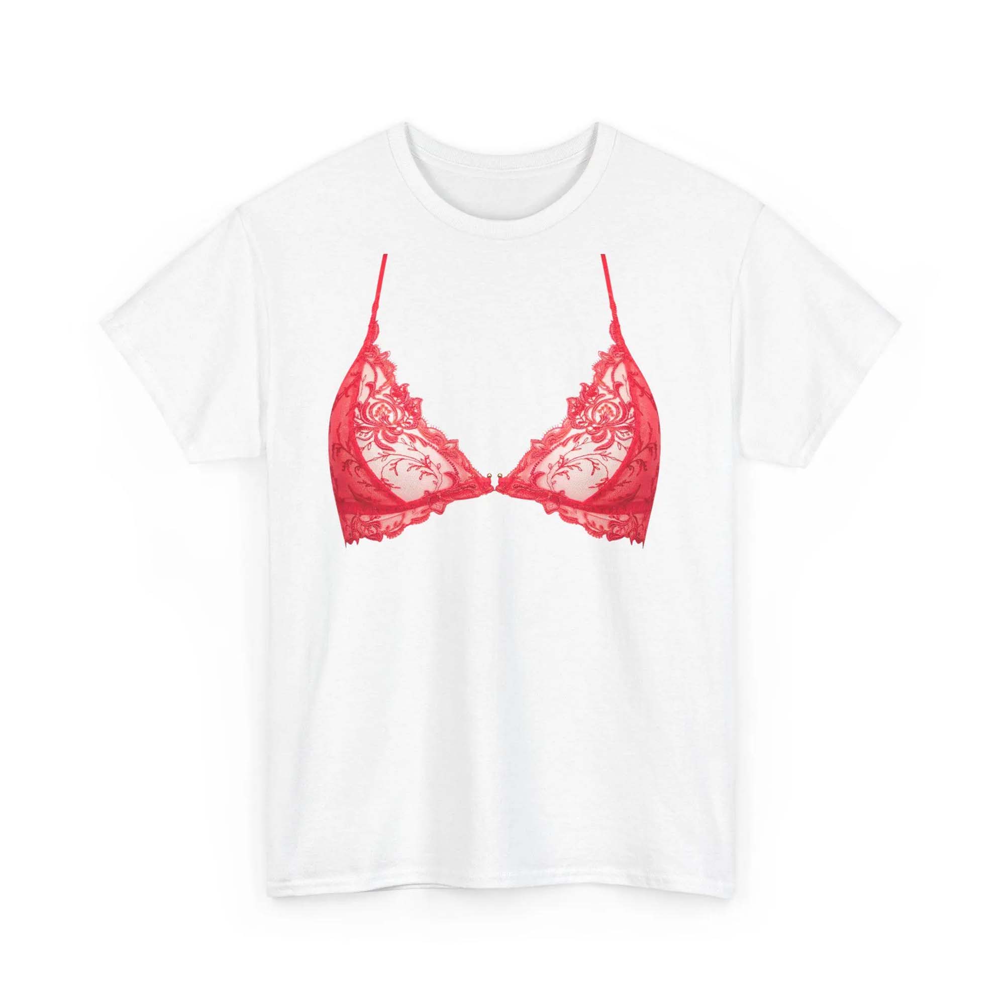 Premium Red Lace Bralette Graphic Tee Funny Illusion T-Shirt For Women Coquette Y2K Trompe L'oeil Sassy Aesthetic White Cotton Top Sassy Lingerie Print Design Bachelorette Party Gift Viral TikTok Trendy Apparel 4