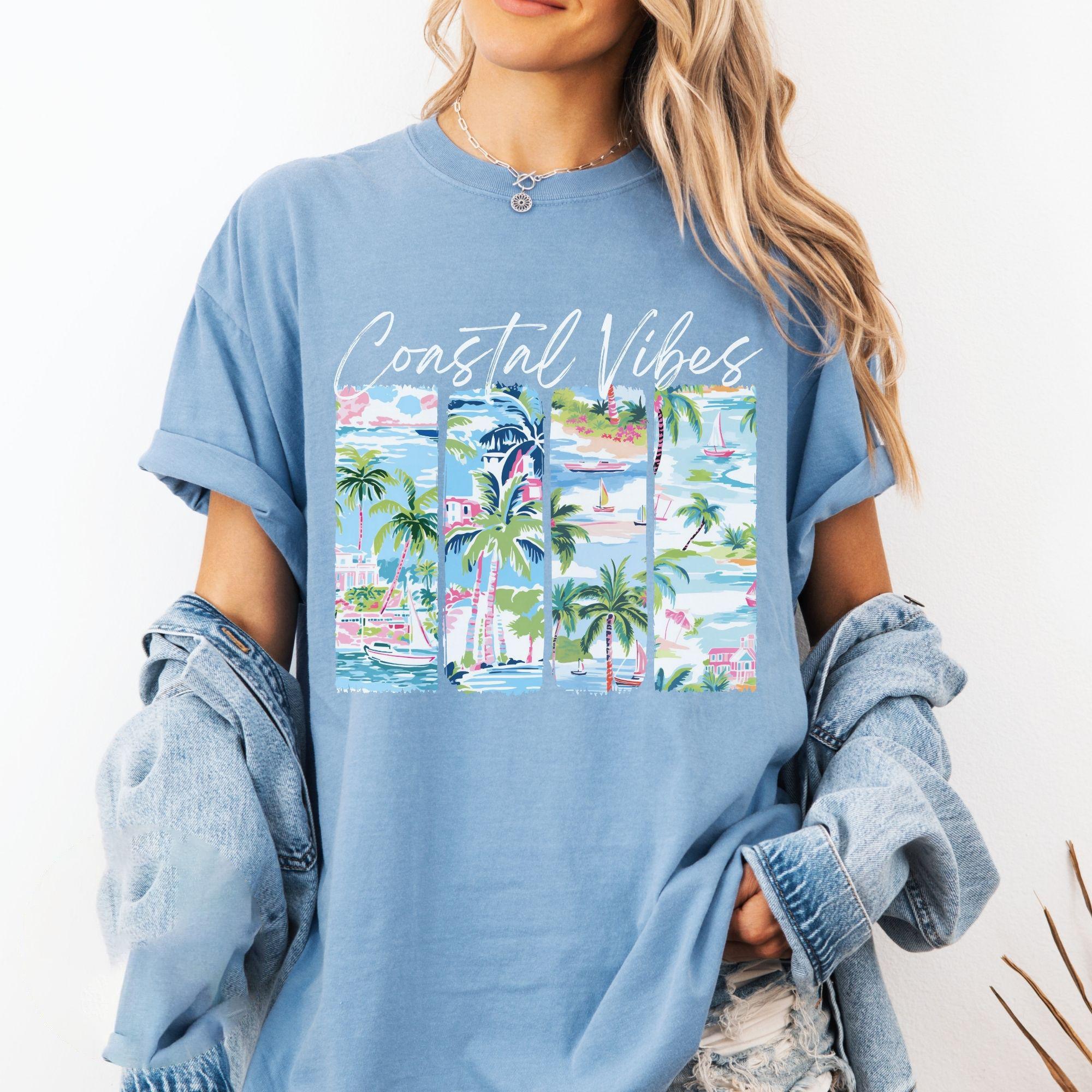 Coastal Vibes Tropical T-shirt, Summer Shirts for Women, Teen Summer Clothes, Vacation Outfit Graphic Tee, Girly Summer Tops, Beachwear Island Travel 4