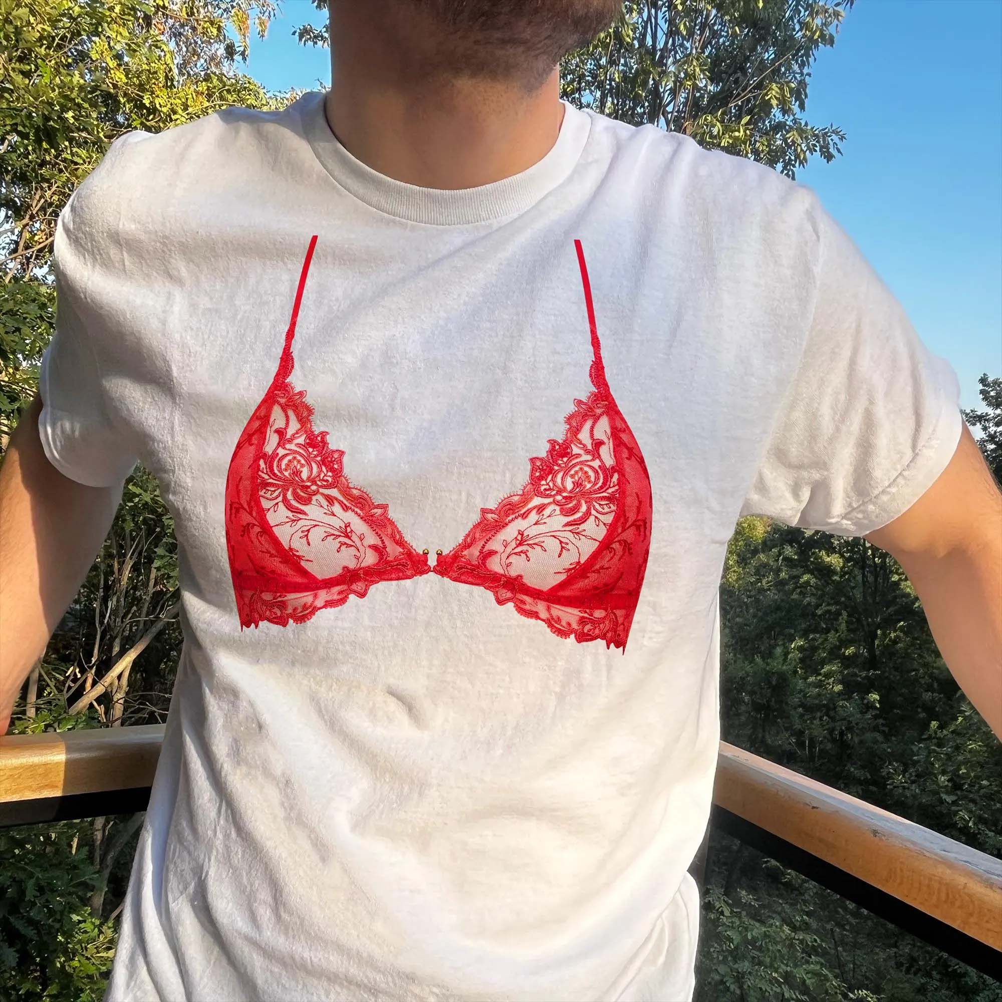 Premium Red Lace Bralette Graphic Tee Funny Illusion T-Shirt For Women Coquette Y2K Trompe L'oeil Sassy Aesthetic White Cotton Top Sassy Lingerie Print Design Bachelorette Party Gift Viral TikTok Trendy Apparel 3