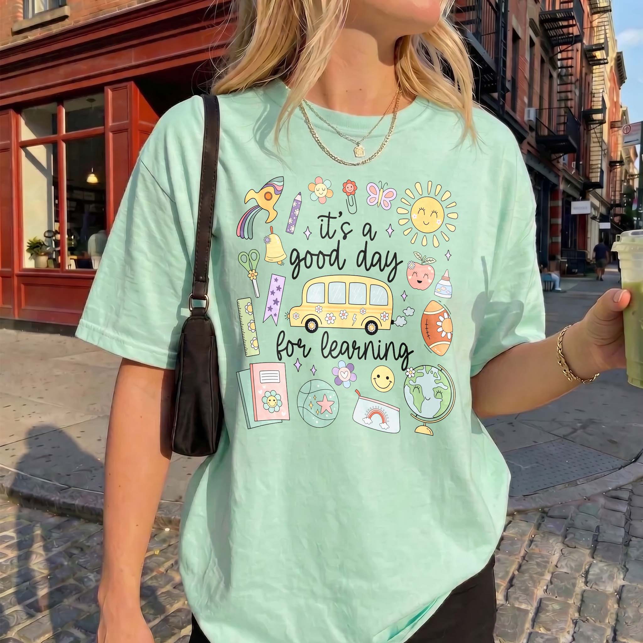 Women's Soft Breathable Ribbed Cotton Blend Short-Sleeve Graphic T-Shirt - Fabric Streetwear Top for Educators, Preppy Retro Cute School Bus Doodle 1-Piece Matching Classroom/First Day Outfits 3