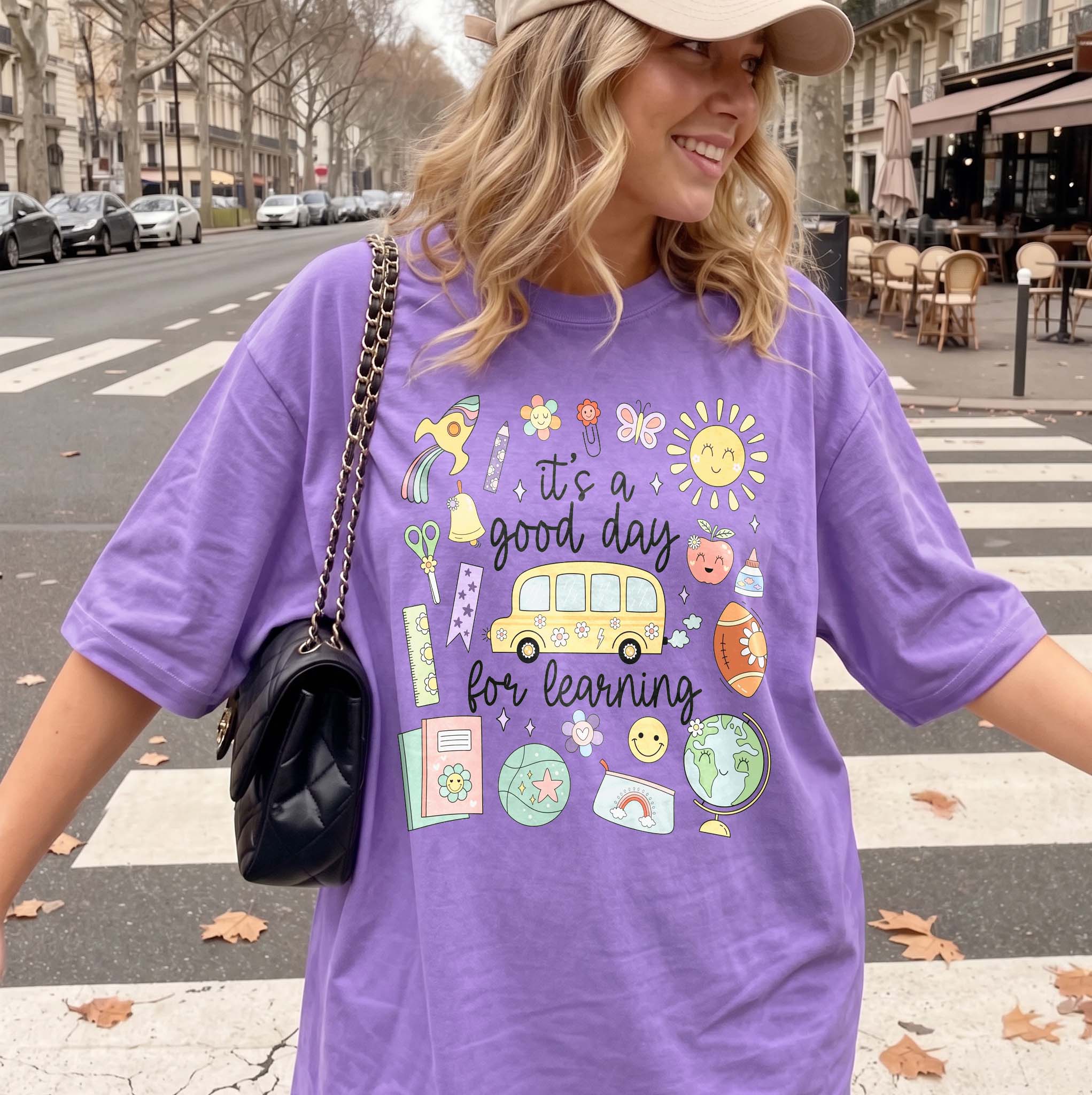 Women's Soft Breathable Ribbed Cotton Blend Short-Sleeve Graphic T-Shirt - Fabric Streetwear Top for Educators, Preppy Retro Cute School Bus Doodle 1-Piece Matching Classroom/First Day Outfits 4