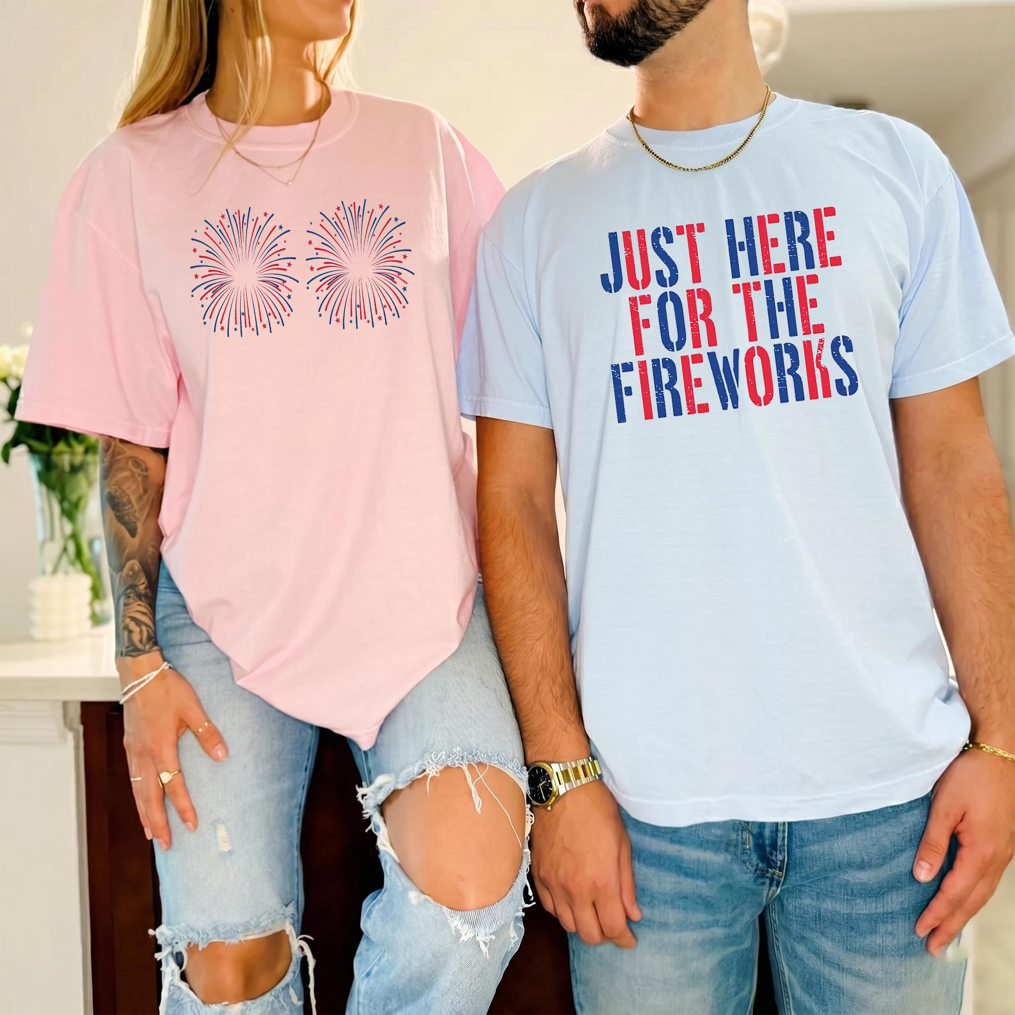 Women's Patriotic Fourth of July Graphic T-Shirt - Kangaroo Pocket, Ribbed Trim, Wrap-Accent, Retro Vintage Americana Distressed Aesthetic, Cream & Brown Fabric Apparel, Fireworks-Themed Summer Party Top 3