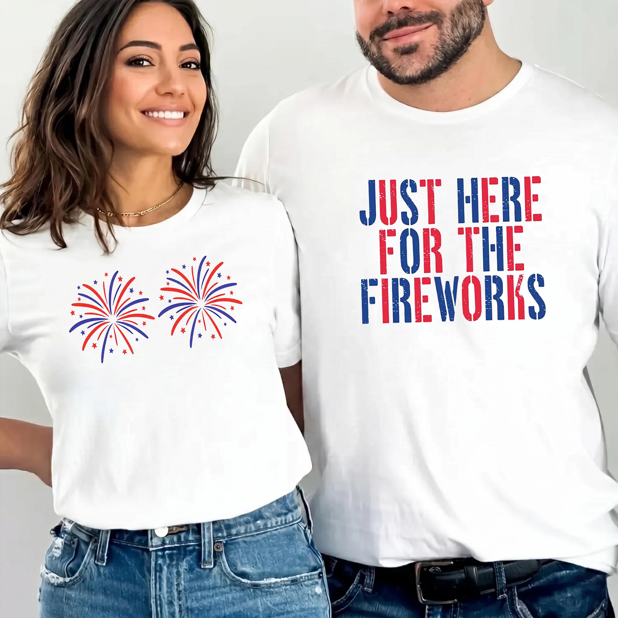 Women's Patriotic Fourth of July Graphic T-Shirt - Kangaroo Pocket, Ribbed Trim, Wrap-Accent, Retro Vintage Americana Distressed Aesthetic, Cream & Brown Fabric Apparel, Fireworks-Themed Summer Party Top 2