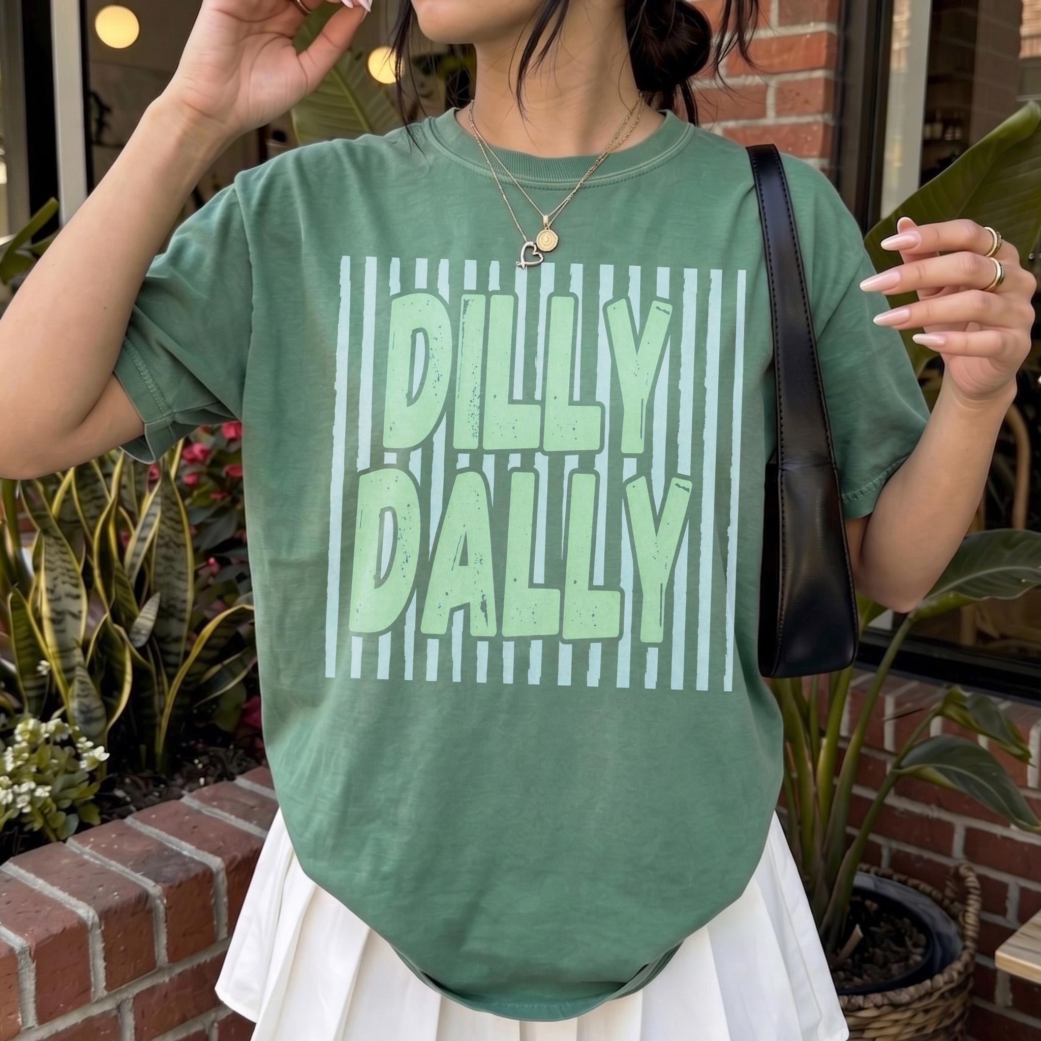 Lady's Oversized Dilly Dally Graphic Shortsleeve T-Shirt - Breathable Cotton Blend Apparel, Vintage Ribbed Streetwear, Preppy Coastal Summer Fit, White/Light Blue Striped/Green Retro Print Casual Loungewear Top 3