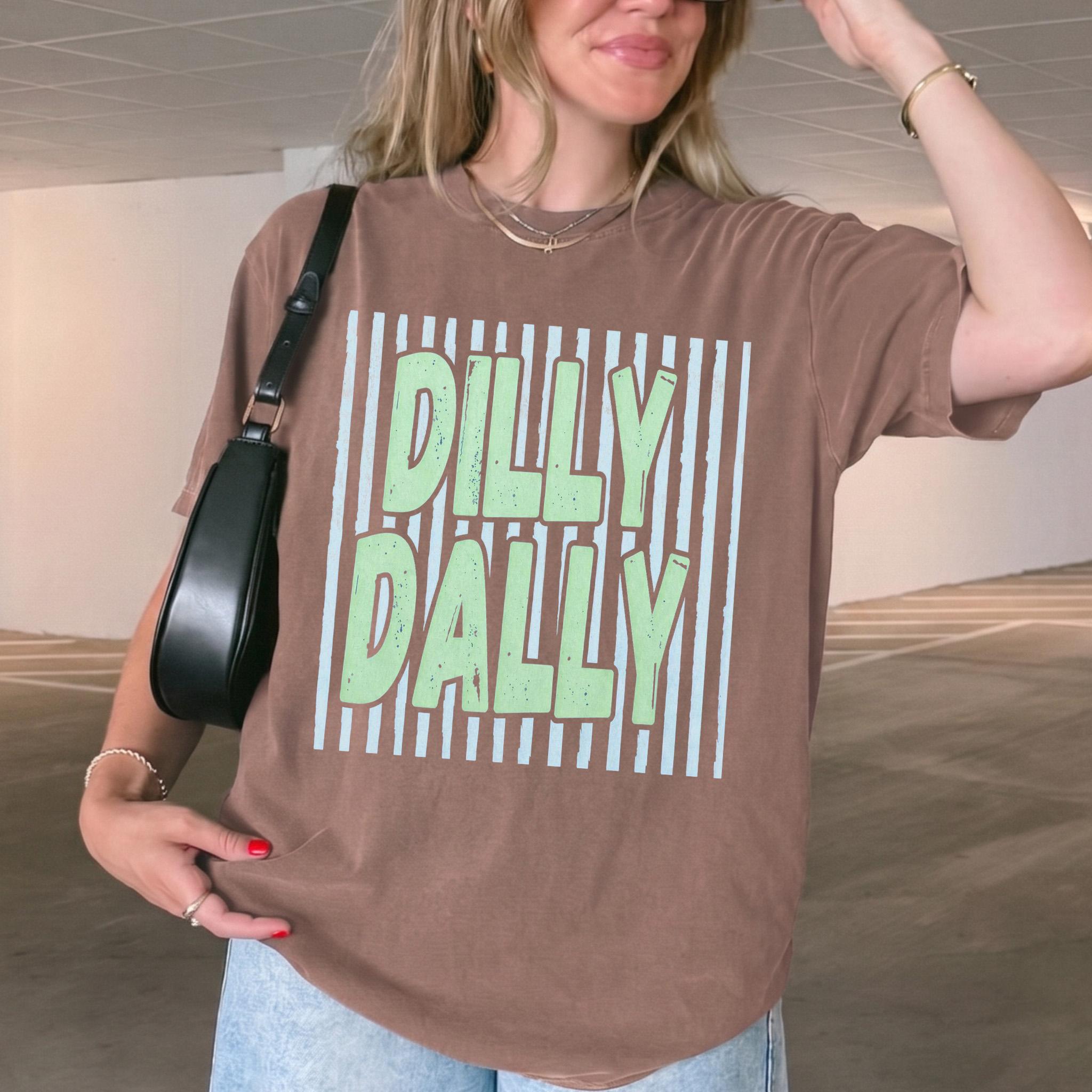 Lady's Oversized Dilly Dally Graphic Shortsleeve T-Shirt - Breathable Cotton Blend Apparel, Vintage Ribbed Streetwear, Preppy Coastal Summer Fit, White/Light Blue Striped/Green Retro Print Casual Loungewear Top 4