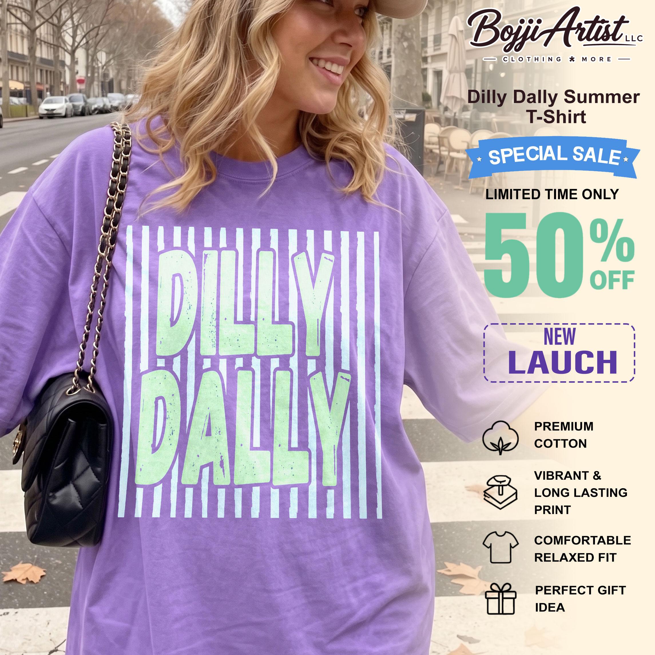 Lady's Oversized Dilly Dally Graphic Shortsleeve T-Shirt - Breathable Cotton Blend Apparel, Vintage Ribbed Streetwear, Preppy Coastal Summer Fit, White/Light Blue Striped/Green Retro Print Casual Loungewear Top 2