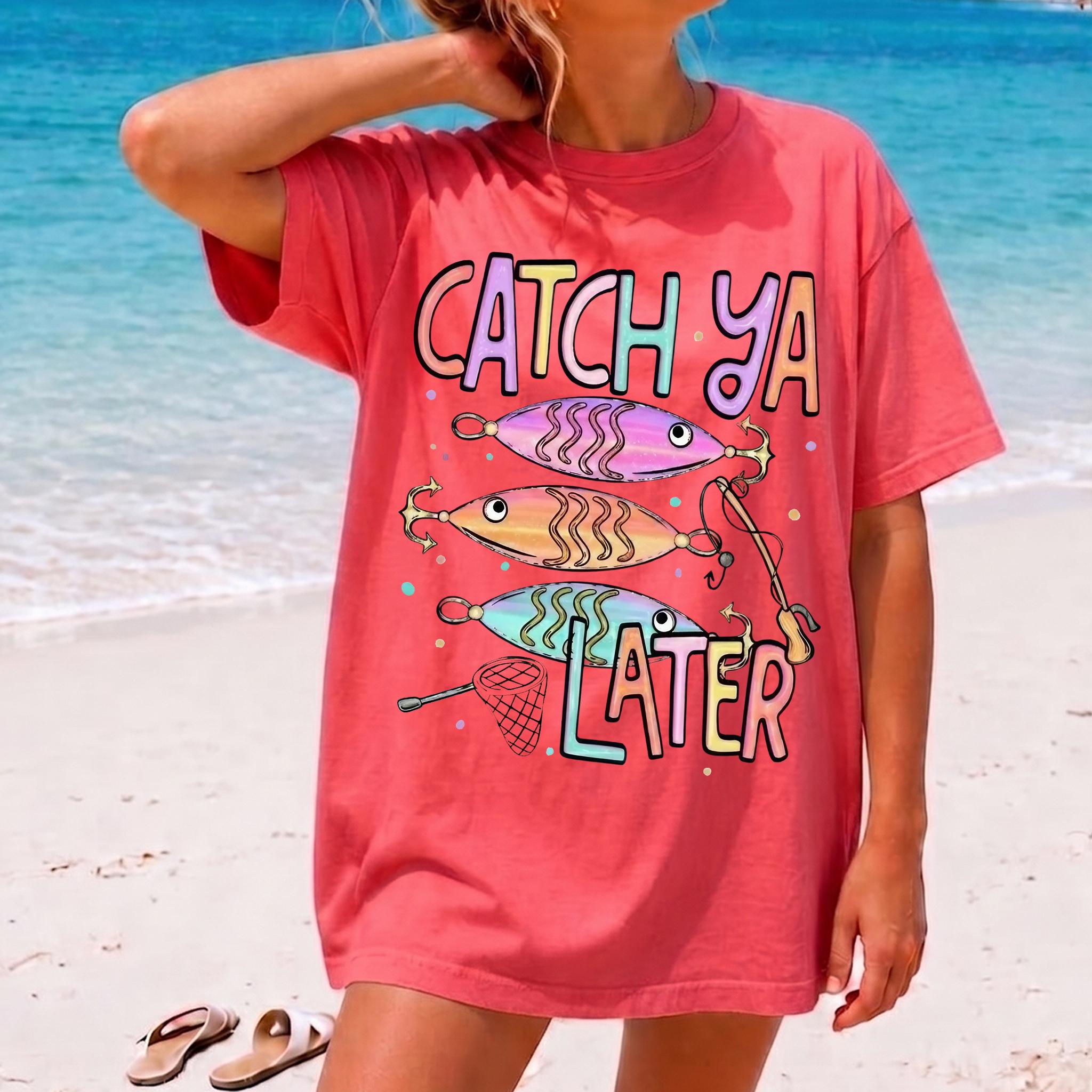 Catch Ya Later Fishing Shirt Pastel Fishing Summer Fishing Shirt Design Graphic Tee Preppy Coastal Lake Stripes Design Summer Vacation Aesthetic T-Shirt for Women Cute Outdoors Lake Life Clothing 2