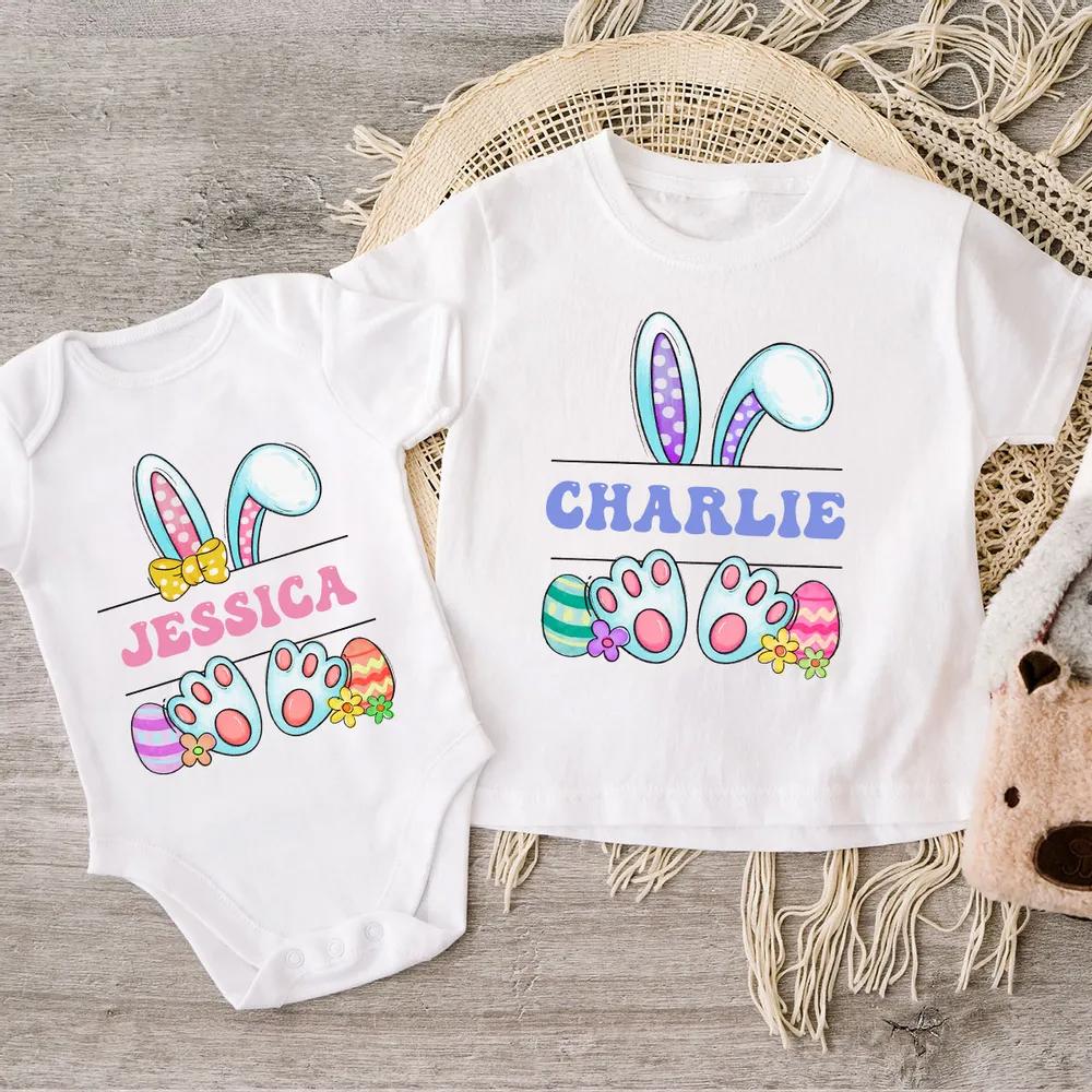 Personalized Baby First Easter Onesie, Mom and Baby Matching Shirt, Cute Bunny Ears and Paws Graphic, Kawaii Easter Newborn Outfit, Whimsical Easter Basket Stuffer 4