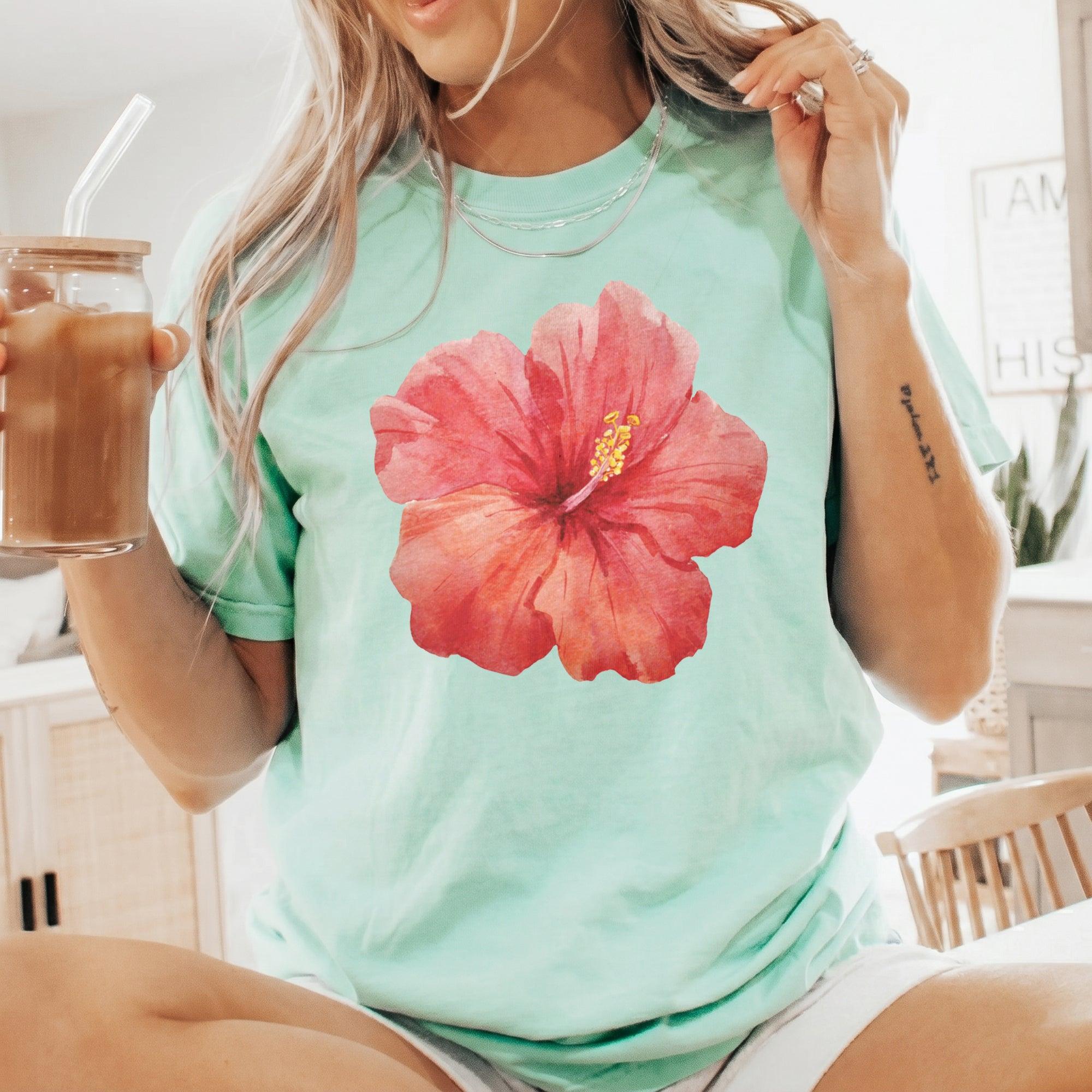 Premium Hibiscus Flower Y2K Shirt Graphic Tee For Women Coastal Vintage Summer Aesthetic Charcoal Gray Cotton Blend Hawaii Vacation Beach Top Trendy Oversized Loose Fit Casual Clothes Gift For Her Summervibes Holiday Vacation Apparel 3