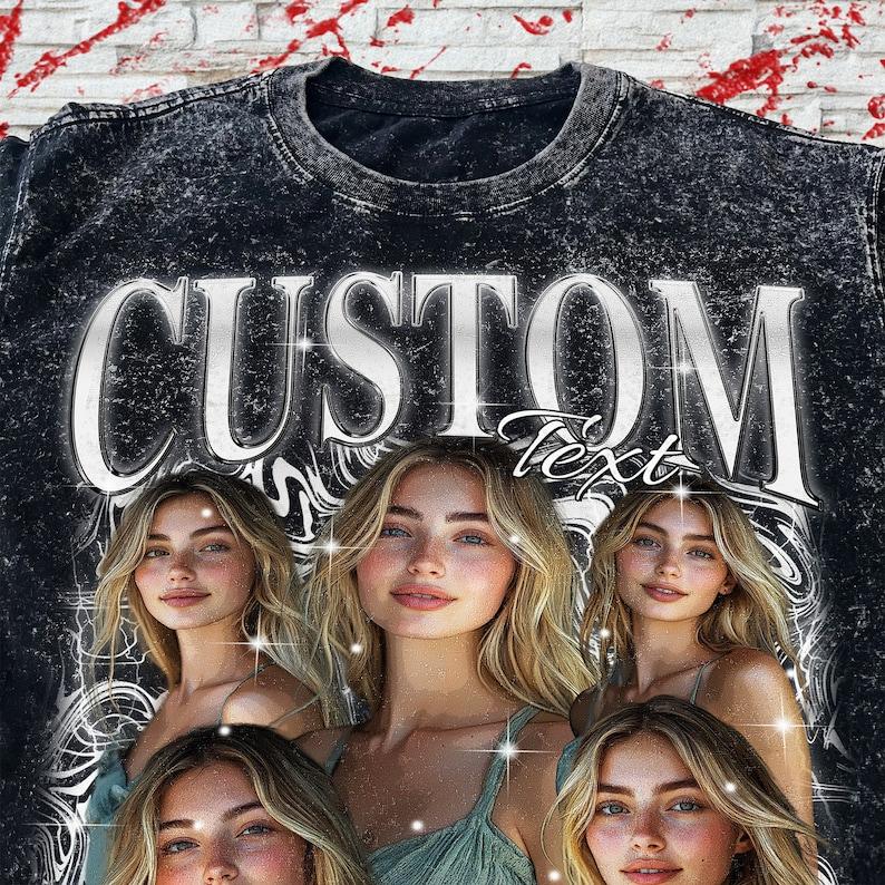 Personalized Custom Photo T-shirt, Vintage 90s Bootleg Rap Tee, Custom Name Multi Image Collage, Cloud Lightning Art, Retro Oversized Washed Top, 3