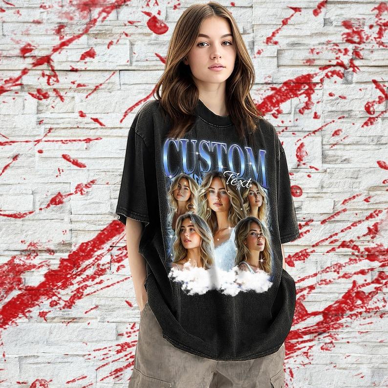 Personalized Custom Photo T-shirt, Vintage 90s Bootleg Rap Tee, Custom Name Multi Image Collage, Cloud Lightning Art, Retro Oversized Washed Top, 2