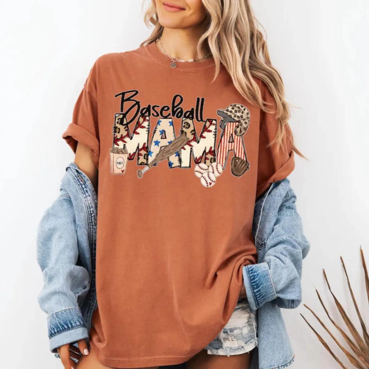 Baseball Mama Aesthetic T-Shirt, Leopard Print Patriotic Mama Tee, Mother’s Day Game Day Gift, Sports Mom Graphic Shirt, Stars and Stripes MAMA Top, Baseball Season Apparel, Cute Sports Mom Outfit 2
