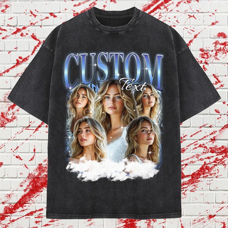 Personalized Custom Photo T-shirt, Vintage 90s Bootleg Rap Tee, Custom Name Multi Image Collage, Cloud Lightning Art, Retro Oversized Washed Top, 4