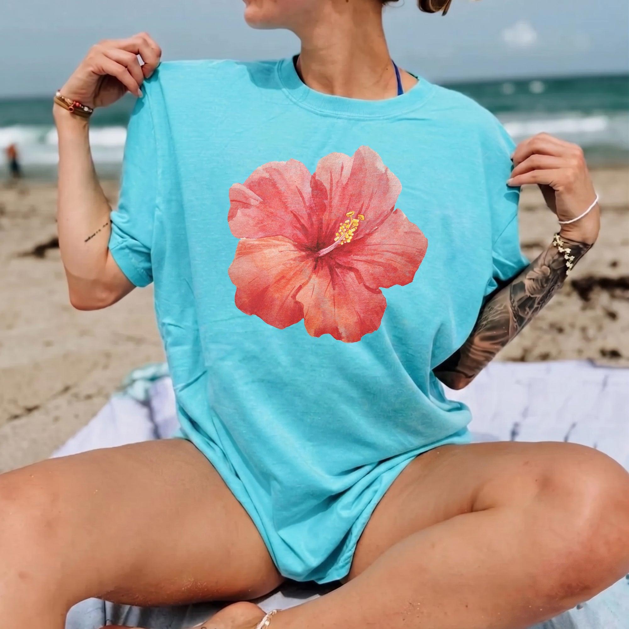 Premium Hibiscus Flower Y2K Shirt Graphic Tee For Women Coastal Vintage Summer Aesthetic Charcoal Gray Cotton Blend Hawaii Vacation Beach Top Trendy Oversized Loose Fit Casual Clothes Gift For Her Summervibes Holiday Vacation Apparel 2