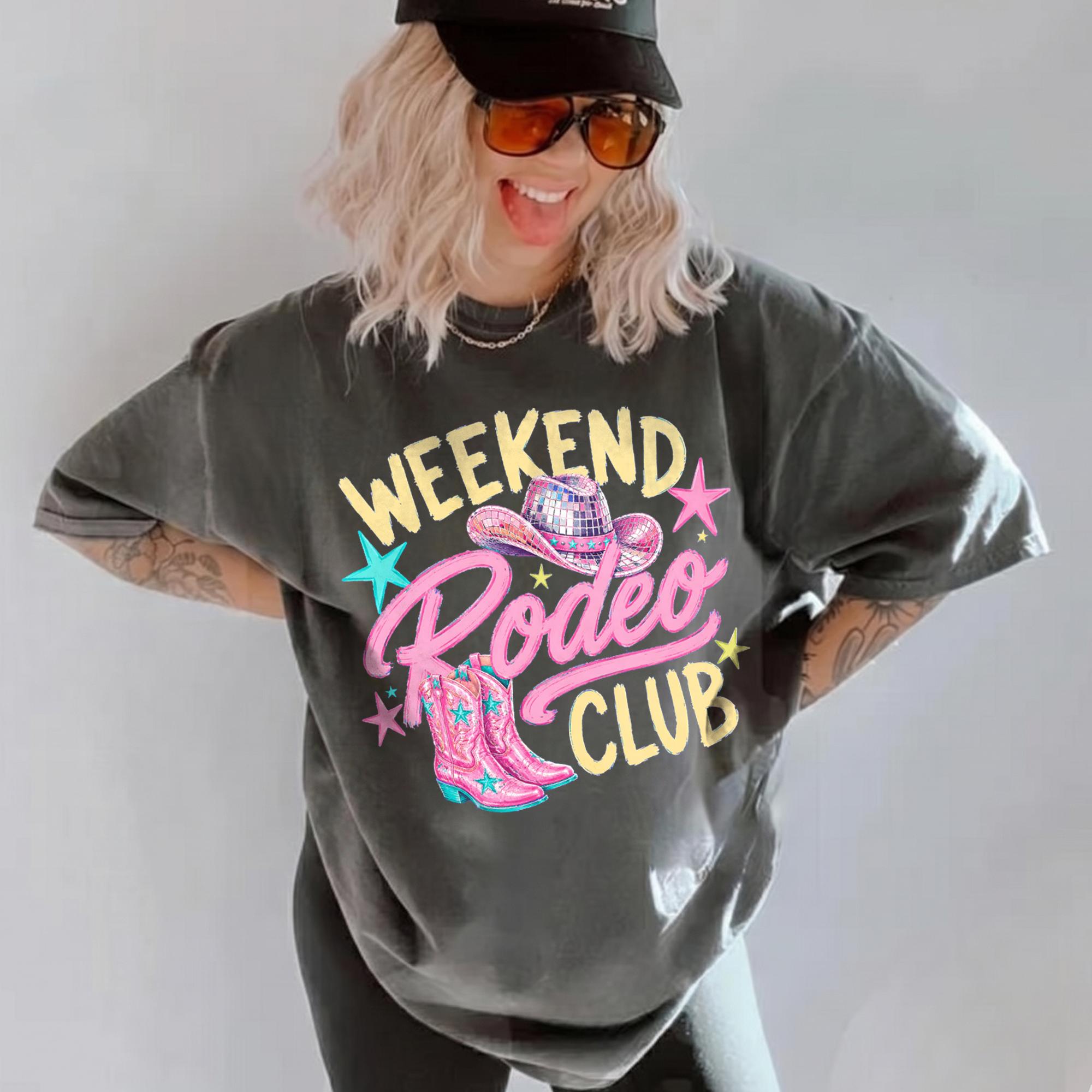 Weekend Rodeo Club Pink & Blue Graphic T-Shirt Women's Preppy Western Aesthetic Disco Cowgirl Black Cotton Oversized Tee Vintage Nashville Music Festival Outfit Top Country Concert Coquette Clothes 3