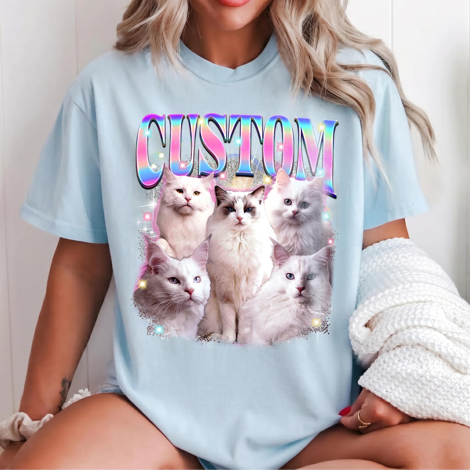 Personalized Pet Portrait Bootleg Rap Graphic T-Shirt Custom 90s Vintage Retro Y2K Streetwear Aesthetic Charcoal Grey Cotton Faded Black Wash Tee Bootleg Cat Meme Shirt Personalized Animal Lover Gift Apparel 3
