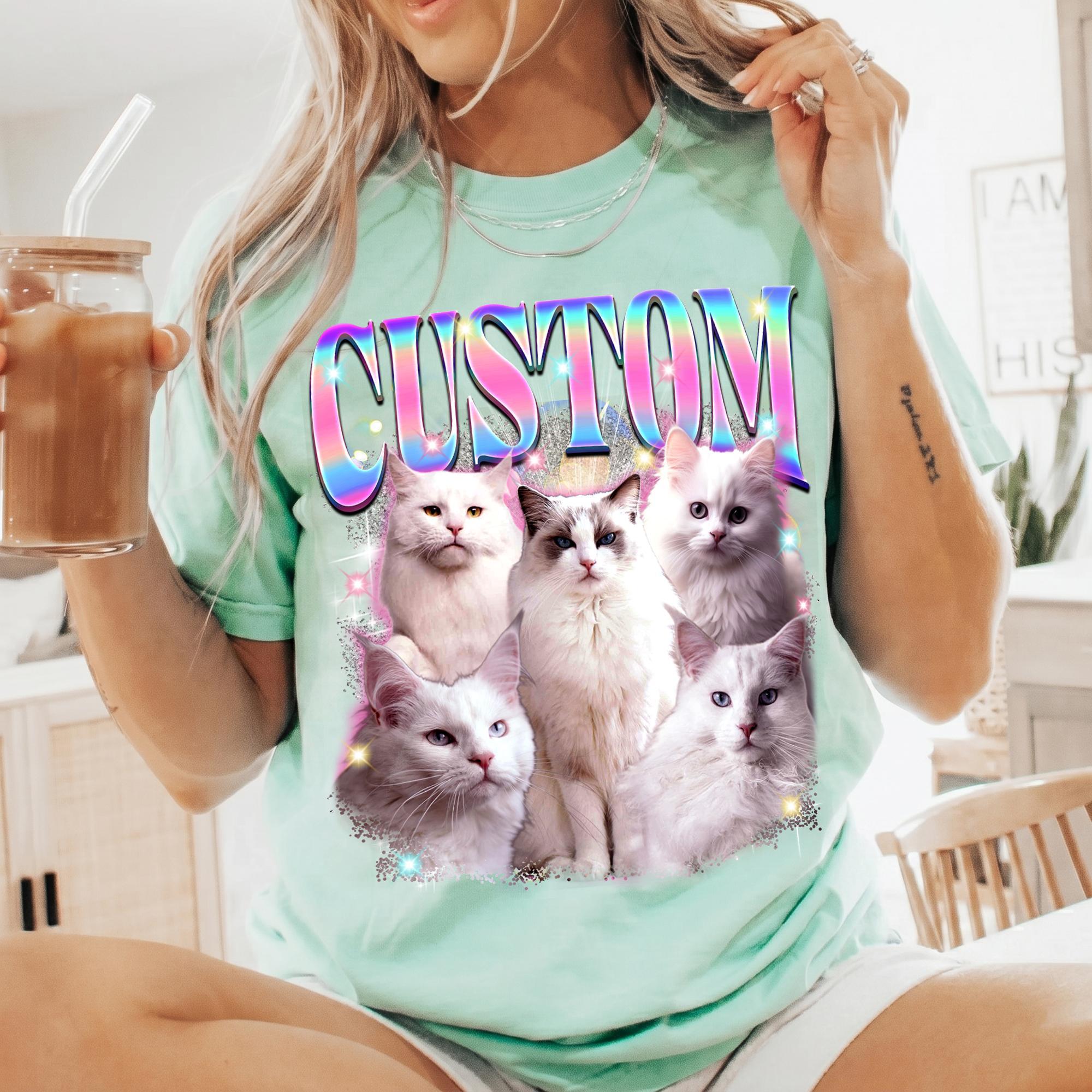 Personalized Pet Portrait Bootleg Rap Graphic T-Shirt Custom 90s Vintage Retro Y2K Streetwear Aesthetic Charcoal Grey Cotton Faded Black Wash Tee Bootleg Cat Meme Shirt Personalized Animal Lover Gift Apparel 2