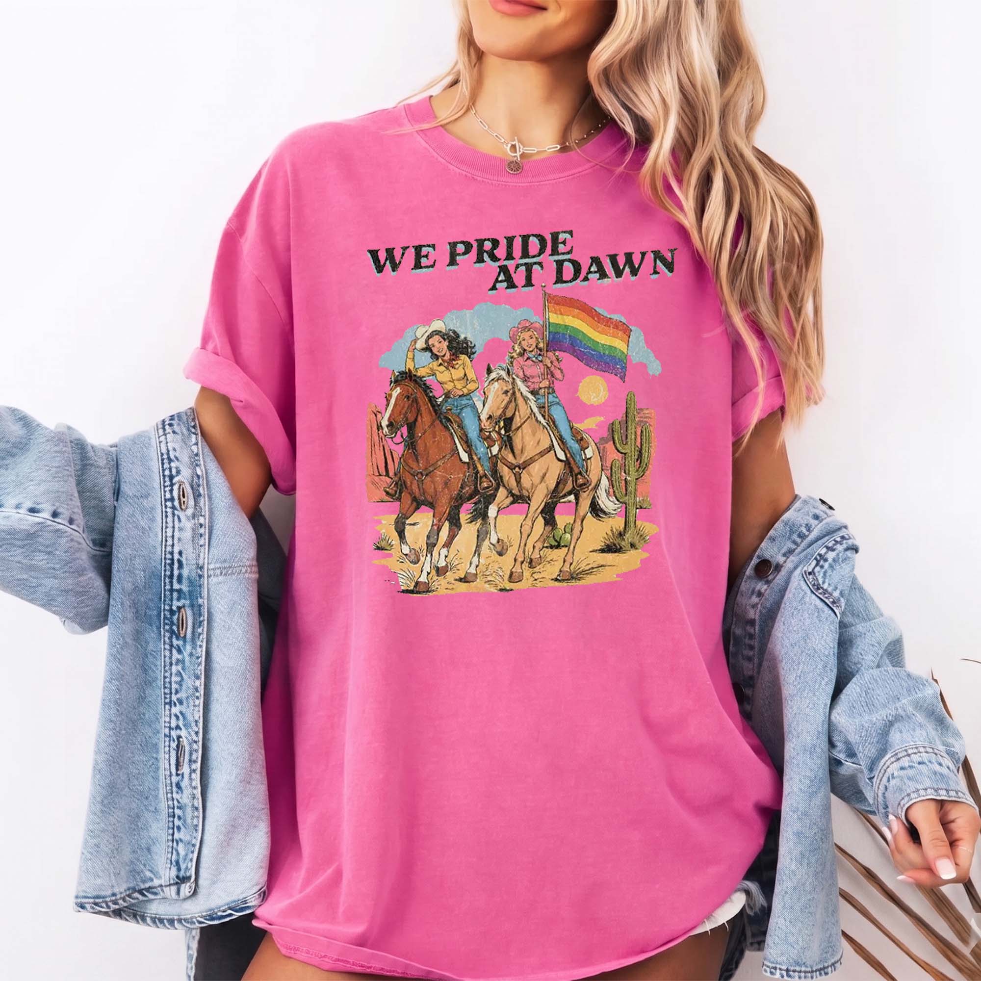 We Pride At Dawn T-Shirt Vintage Western Cowgirl Horse Riding Graphic Tee LGBTQ Rainbow Flag Pride Month Desert Cactus Cream Ivory TShirt Retro Southern Country Gay Lesbian Ally Gift Women Men Casual Aesthetic Short Sleeve Top 2