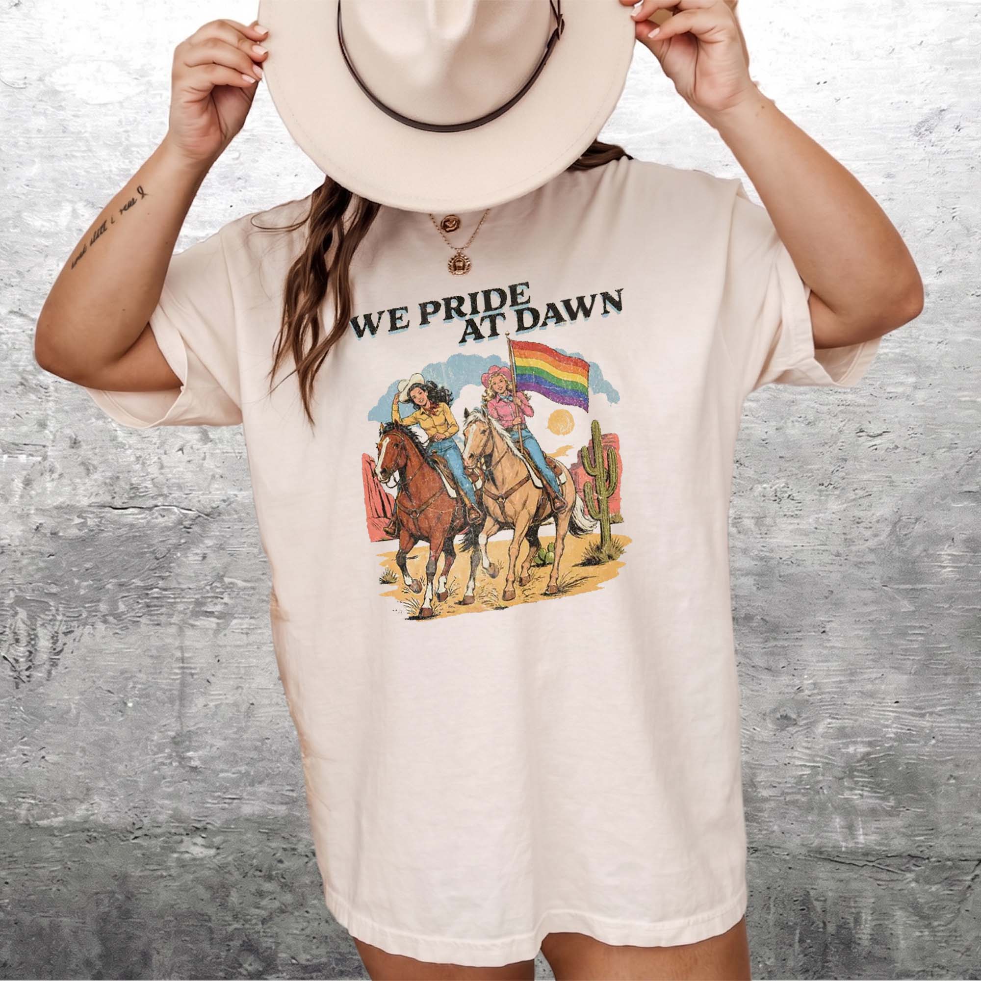 We Pride At Dawn T-Shirt Vintage Western Cowgirl Horse Riding Graphic Tee LGBTQ Rainbow Flag Pride Month Desert Cactus Cream Ivory TShirt Retro Southern Country Gay Lesbian Ally Gift Women Men Casual Aesthetic Short Sleeve Top 4
