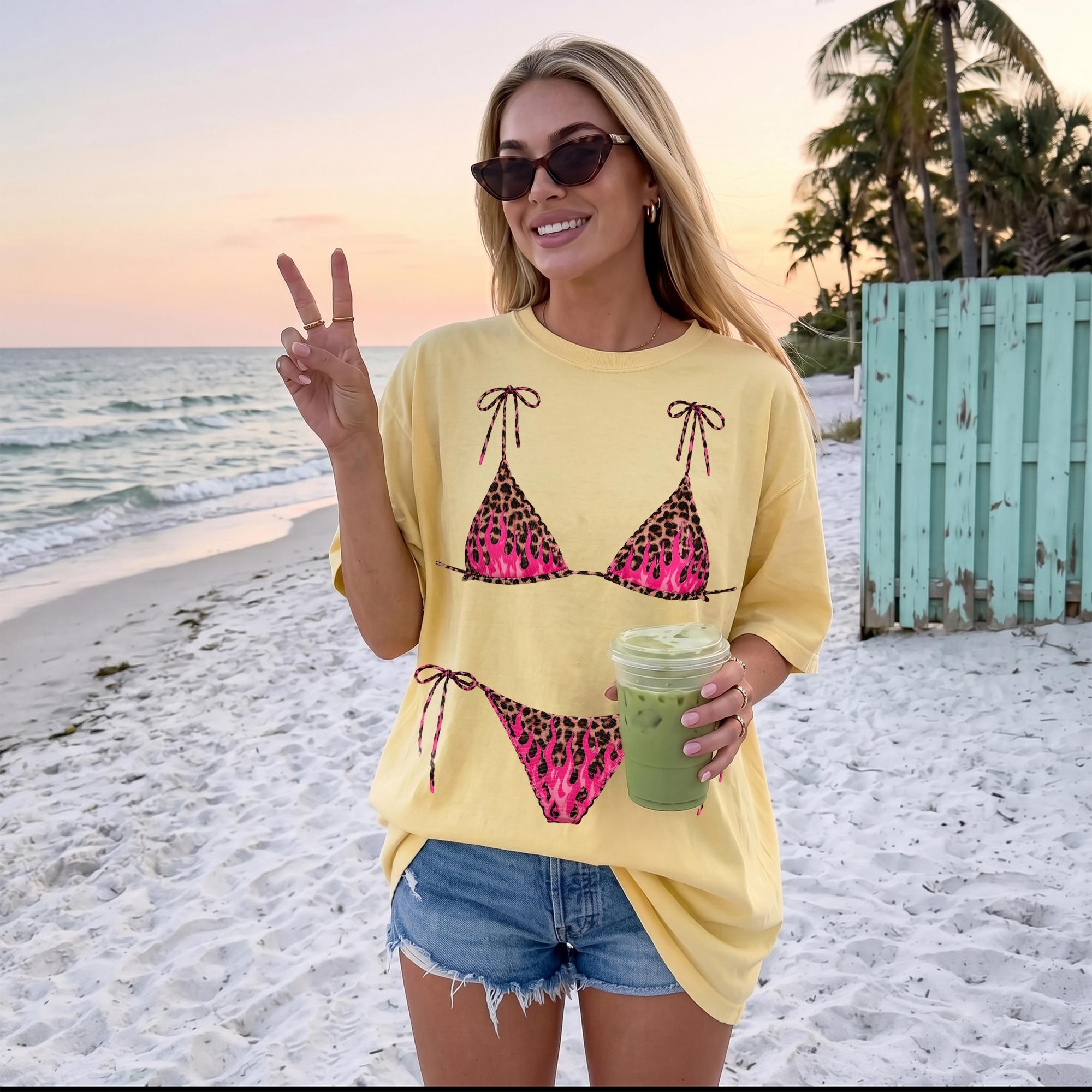 Funny Pink Leopard Flame Bikini Graphic Oversized T-Shirt Cover Up For Women Y2K Retro Novelty Light Blue Cotton Tee Bride and Bridemaids Aesthetic Summer Beach Vacation Bikini Flame Bachelorette Party Pool Trip Bride And Bridesmaid Outfit Tops 4