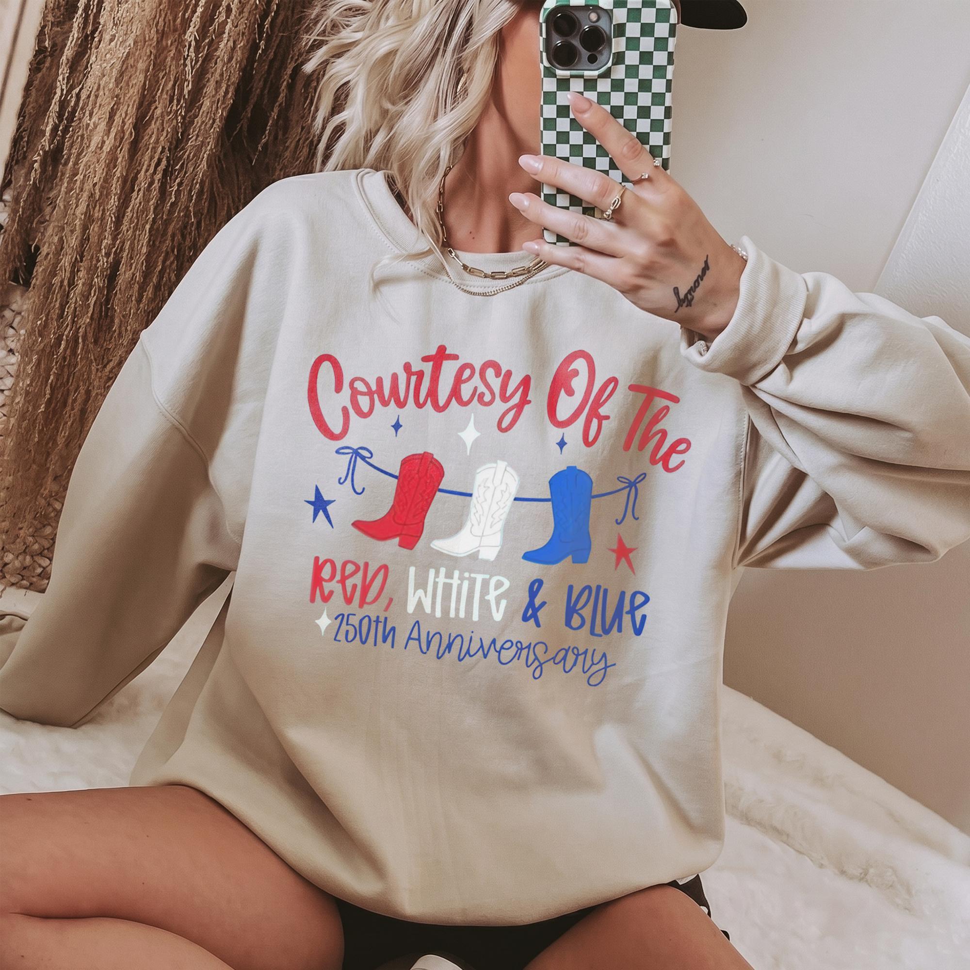 Courtesy Of The Red White And Blue Graphic T-Shirt For Women Western Country Core Patriotic Aesthetic Cream Cotton Tee 4th Of July USA 250th Anniversary Summer Festival Trendy Oversized Cowboy Boot Graphic Shirt America 250 Tops 4