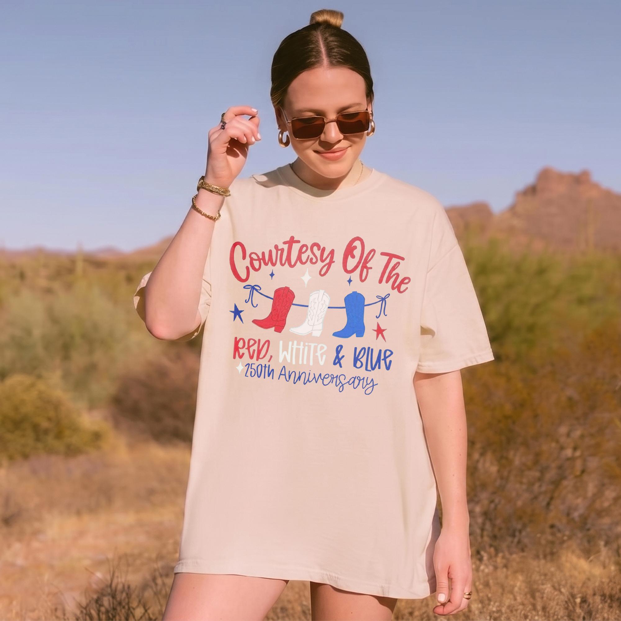 Courtesy Of The Red White And Blue Graphic T-Shirt For Women Western Country Core Patriotic Aesthetic Cream Cotton Tee 4th Of July USA 250th Anniversary Summer Festival Trendy Oversized Cowboy Boot Graphic Shirt America 250 Tops 3