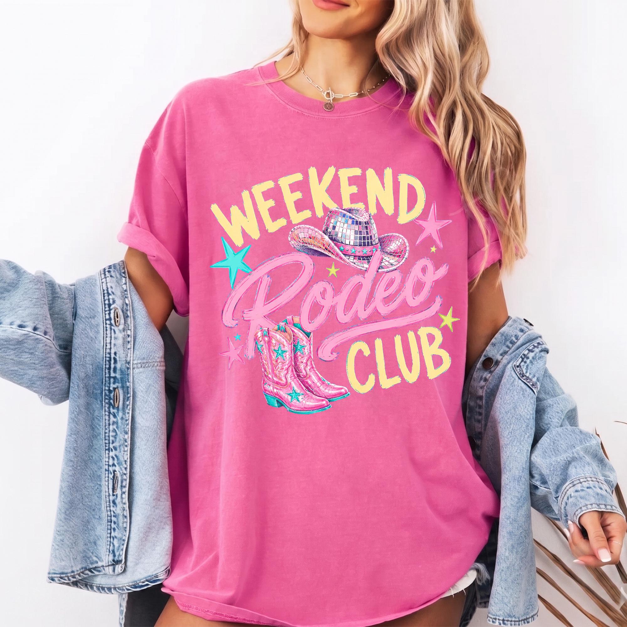 Weekend Rodeo Club Pink & Blue Graphic T-Shirt Women's Preppy Western Aesthetic Disco Cowgirl Black Cotton Oversized Tee Vintage Nashville Music Festival Outfit Top Country Concert Coquette Clothes 4