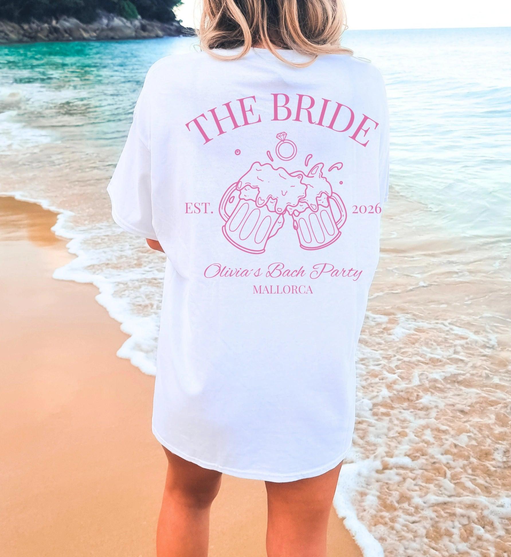 Preppy Old Money Bachelorette Party Crew Shirt Graphic T-Shirt For Women Coquette Aesthetic Cream Speckled Cotton Pink Backprint Beer Stein Engagement Ring Hen Party Crew Shirt Bridal Shower Destination Girls Trip Tee Tops 4