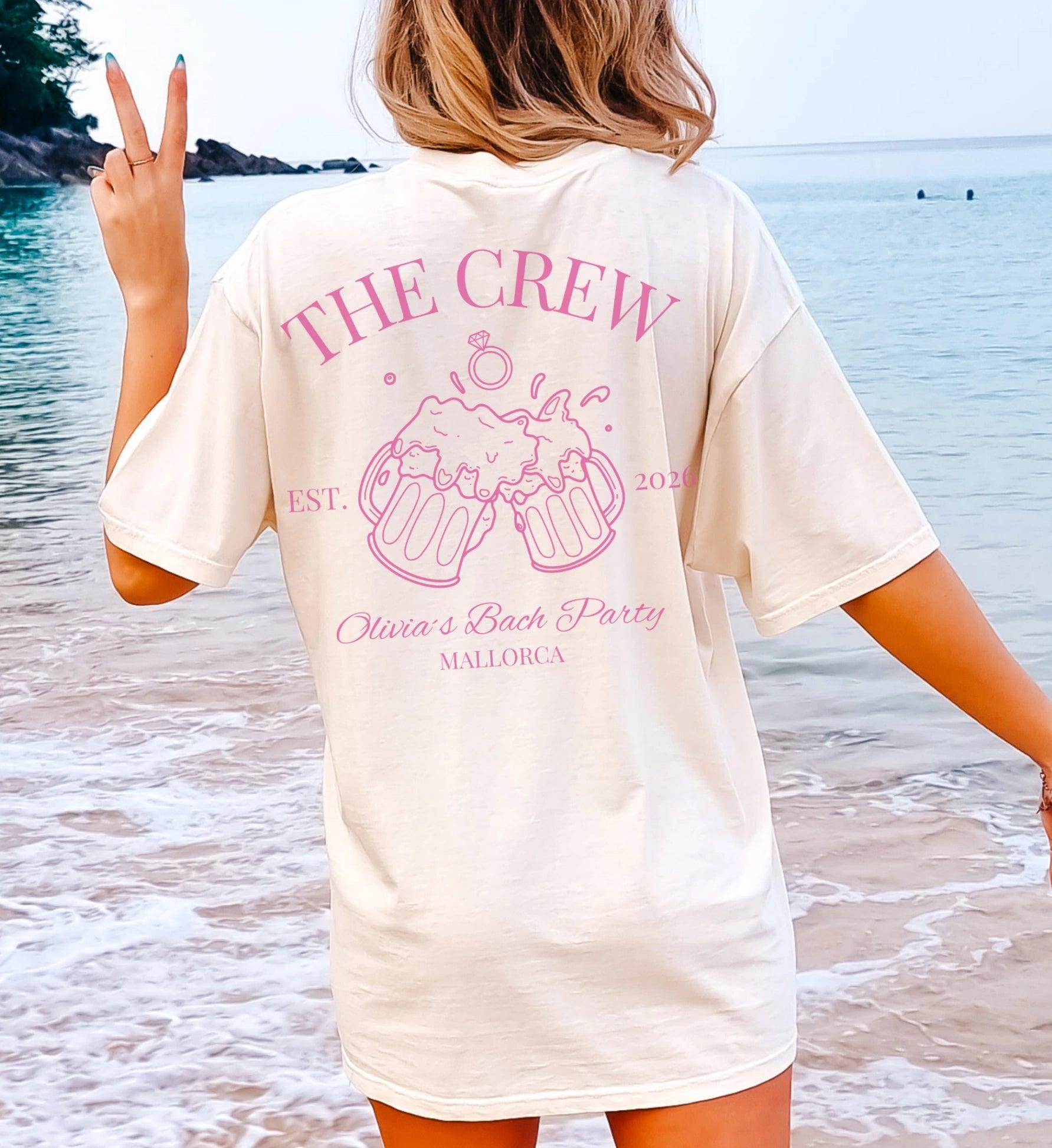 Preppy Old Money Bachelorette Party Crew Shirt Graphic T-Shirt For Women Coquette Aesthetic Cream Speckled Cotton Pink Backprint Beer Stein Engagement Ring Hen Party Crew Shirt Bridal Shower Destination Girls Trip Tee Tops 2