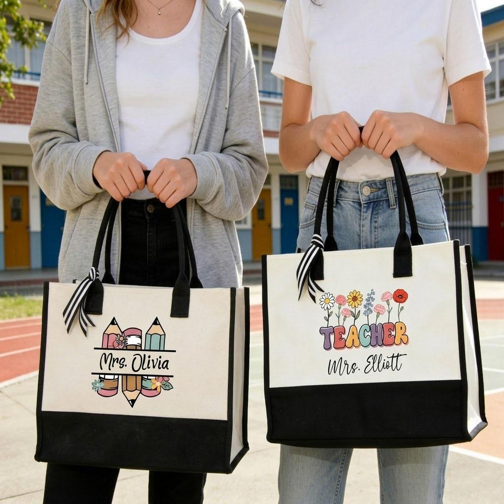 Personalized Teacher Canvas Tote Bag Custom Name Work Bag For Women Educators Cute Preppy Aesthetic Black And White Heavy Canvas Back To School Gift For Teachers Appreciation Week Graduation Rainbow Apple Design Shopper Handbag 4