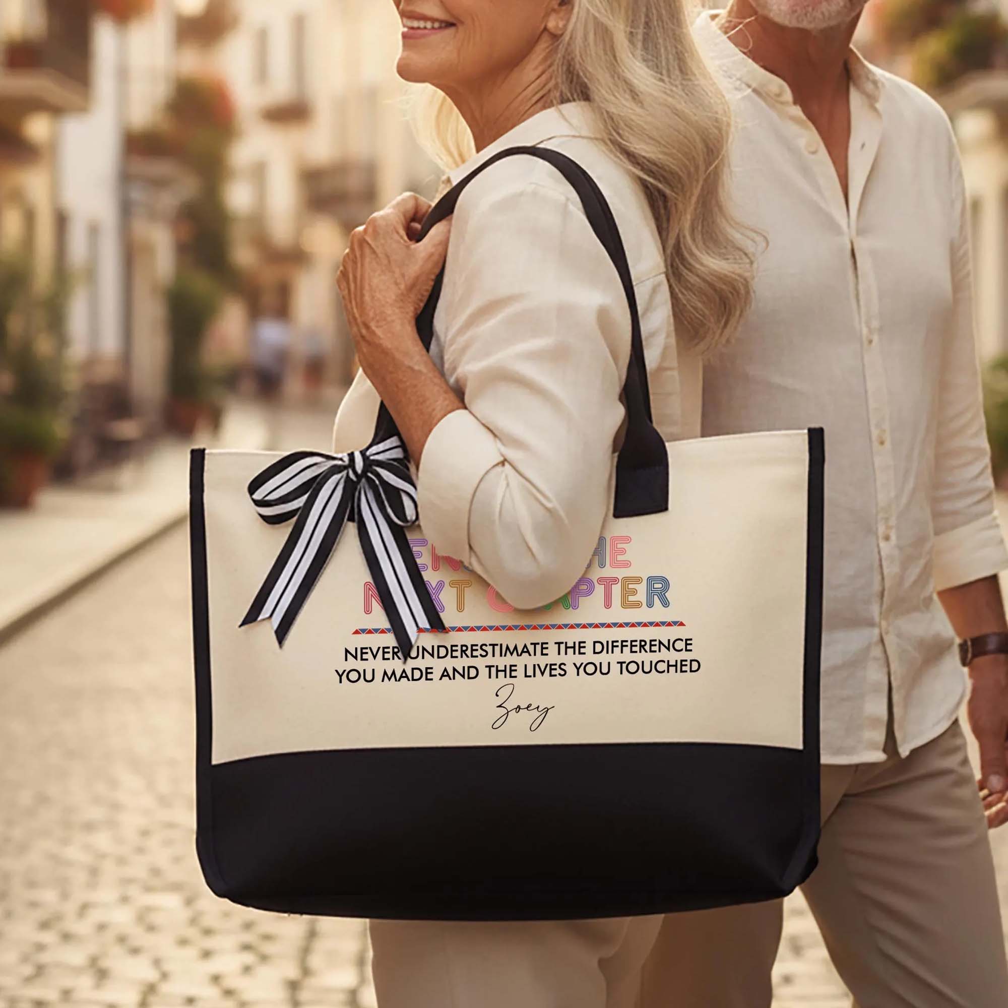 Custom Personalized Enjoy The Next Chapter Canvas Tote Bag For Women Preppy Aesthetic Cream Black Custom Name Retirement Gift Never Underestimate The Difference You Made Teacher Appreciation Coworker Leaving Present Beach Bag 4
