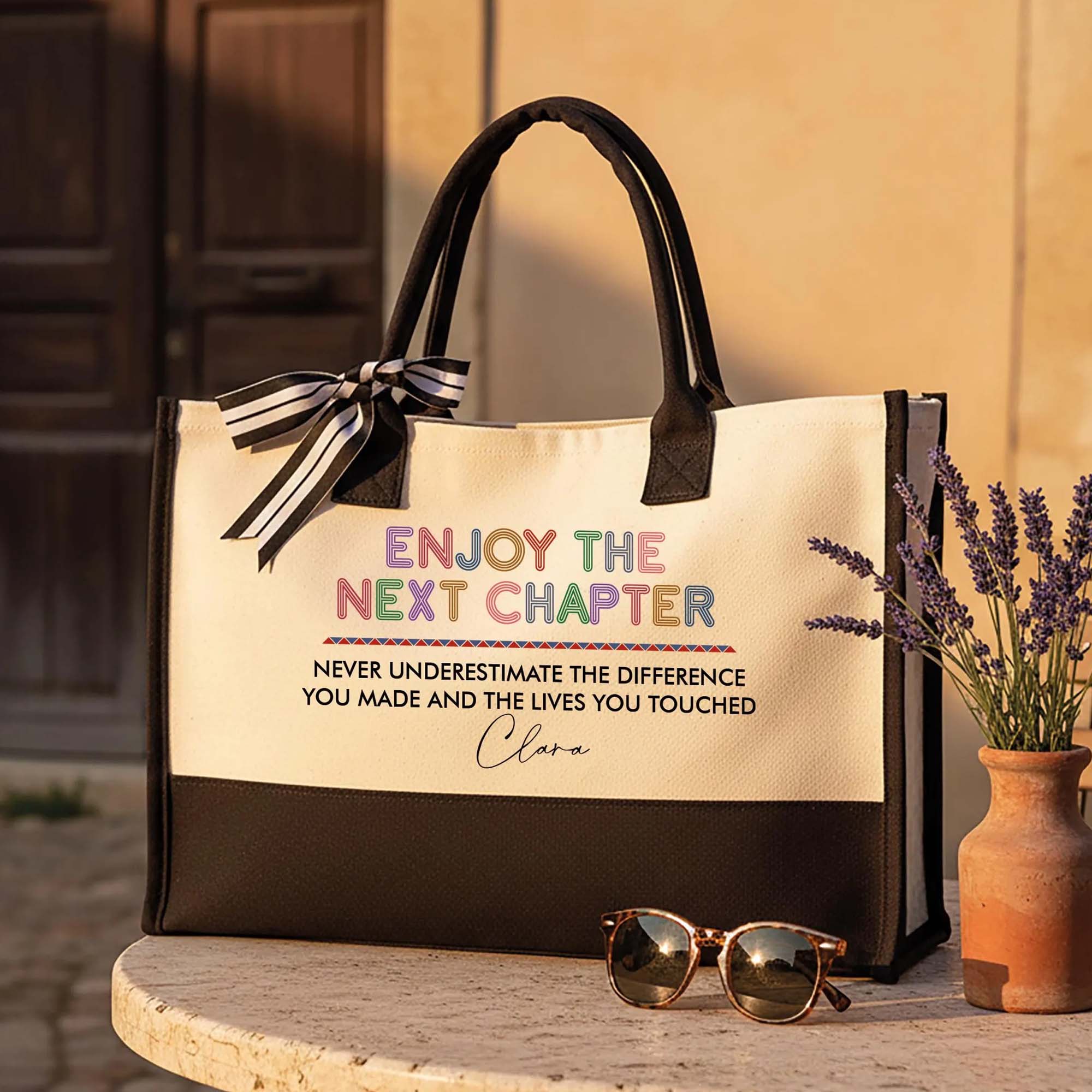 Custom Personalized Enjoy The Next Chapter Canvas Tote Bag For Women Preppy Aesthetic Cream Black Custom Name Retirement Gift Never Underestimate The Difference You Made Teacher Appreciation Coworker Leaving Present Beach Bag 2