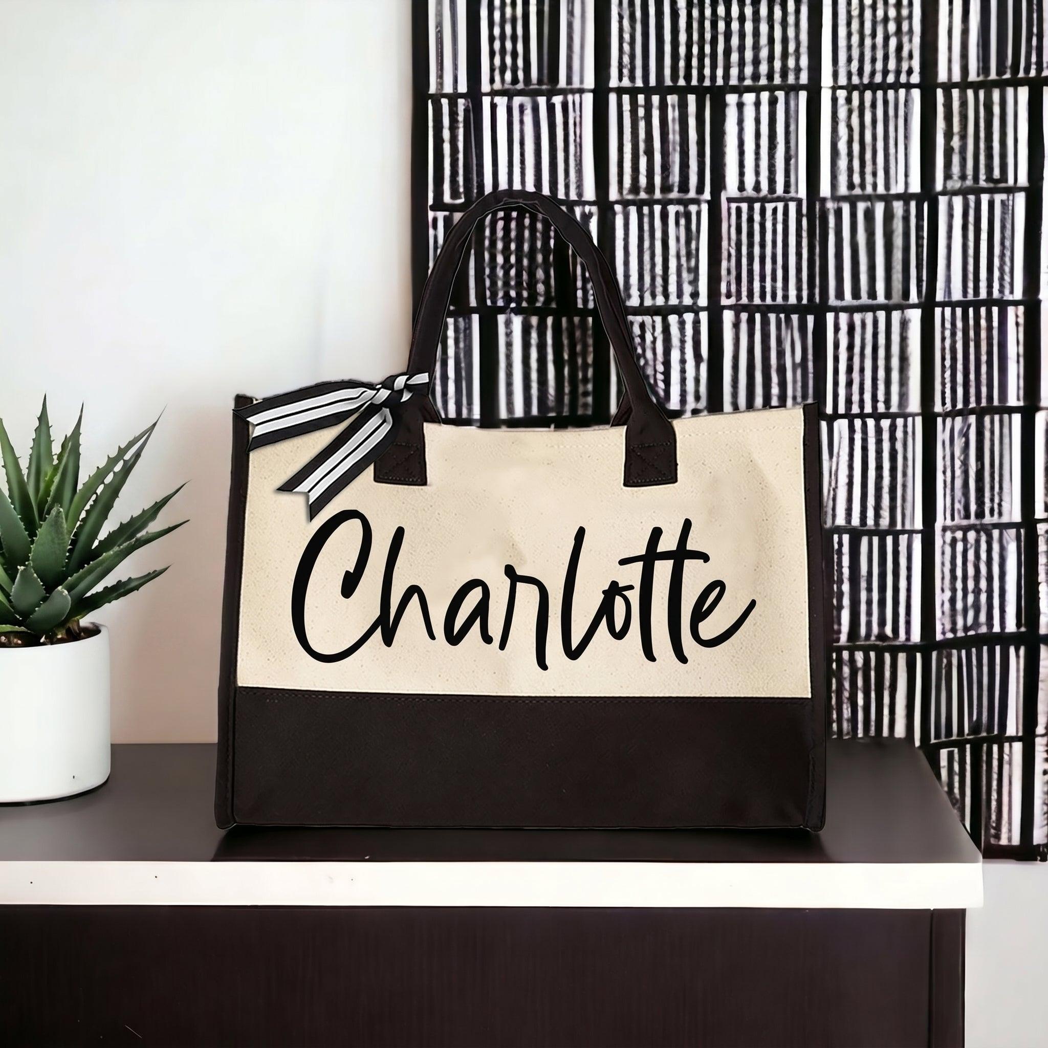 Personalized Name Canvas Tote Bag for Women Bride Bridesmaid Proposal Preppy Coquette Minimalist Black and Cream Cotton Canvas Custom Monogrammed Gift for Her Bachelorette Bach Trip Beach Vacation Shopper with Ribbon Bow 4