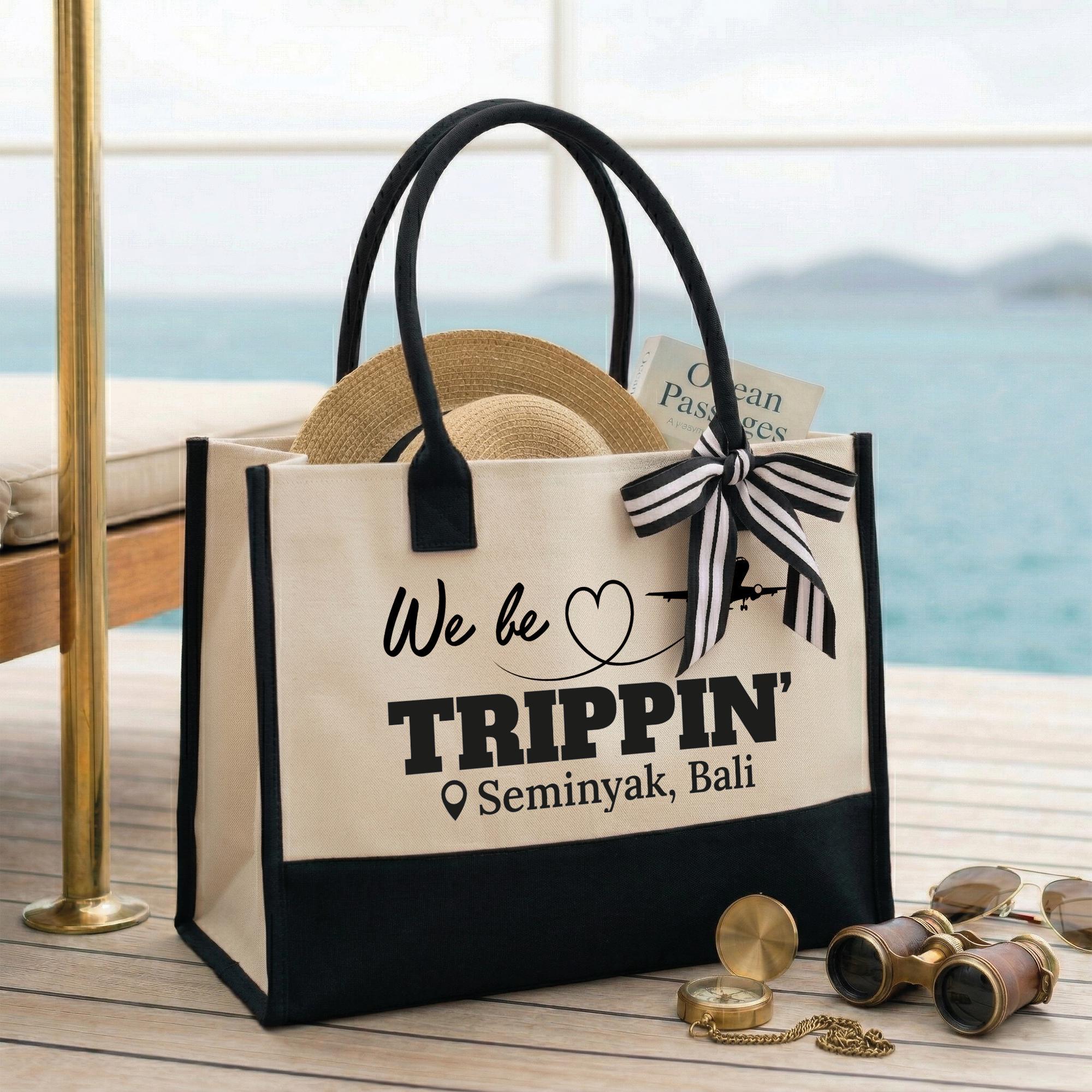 We Be Trippin Canvas Tote Bag For Women Bridesmaids Girls Trip Preppy Coastal Vacation Aesthetic Two-Tone Black Beige Cotton Canvas Funny Bachelorette Beach Bag Destination Group Travel Gift Custom Shopper 3