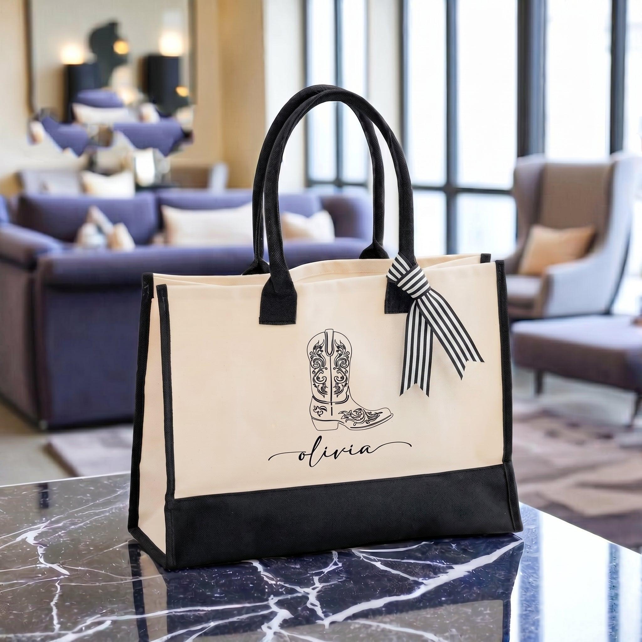 Custom Cowgirl Tote Bag Canvas Tote Bag For Bridal Party Women Western Nashville Bachelorette Aesthetic Beige Black Two Tone Canvas Cotton Bride Squad Souvenir Gift Southern Belle Bridesmaid Proposal Favor Personalized Name Boot Design 3