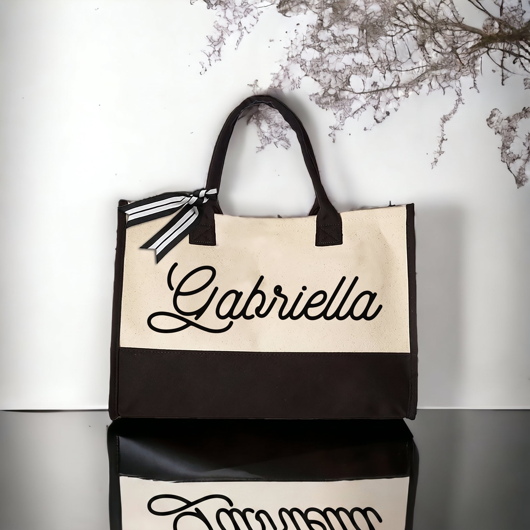 Personalized Name Canvas Tote Bag for Women Bride Bridesmaid Proposal Preppy Coquette Minimalist Black and Cream Cotton Canvas Custom Monogrammed Gift for Her Bachelorette Bach Trip Beach Vacation Shopper with Ribbon Bow 2