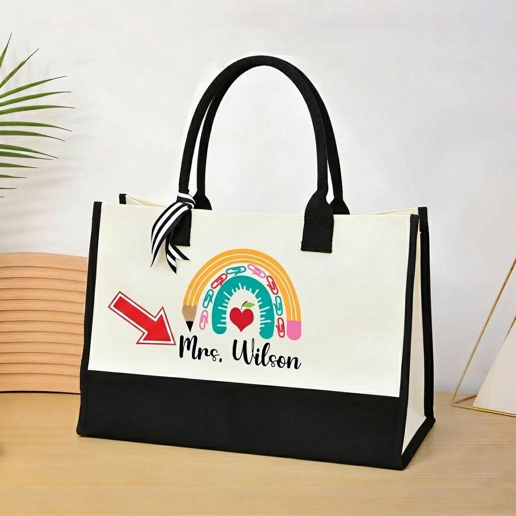 Personalized Teacher Canvas Tote Bag Custom Name Work Bag For Women Educators Cute Preppy Aesthetic Black And White Heavy Canvas Back To School Gift For Teachers Appreciation Week Graduation Rainbow Apple Design Shopper Handbag 3