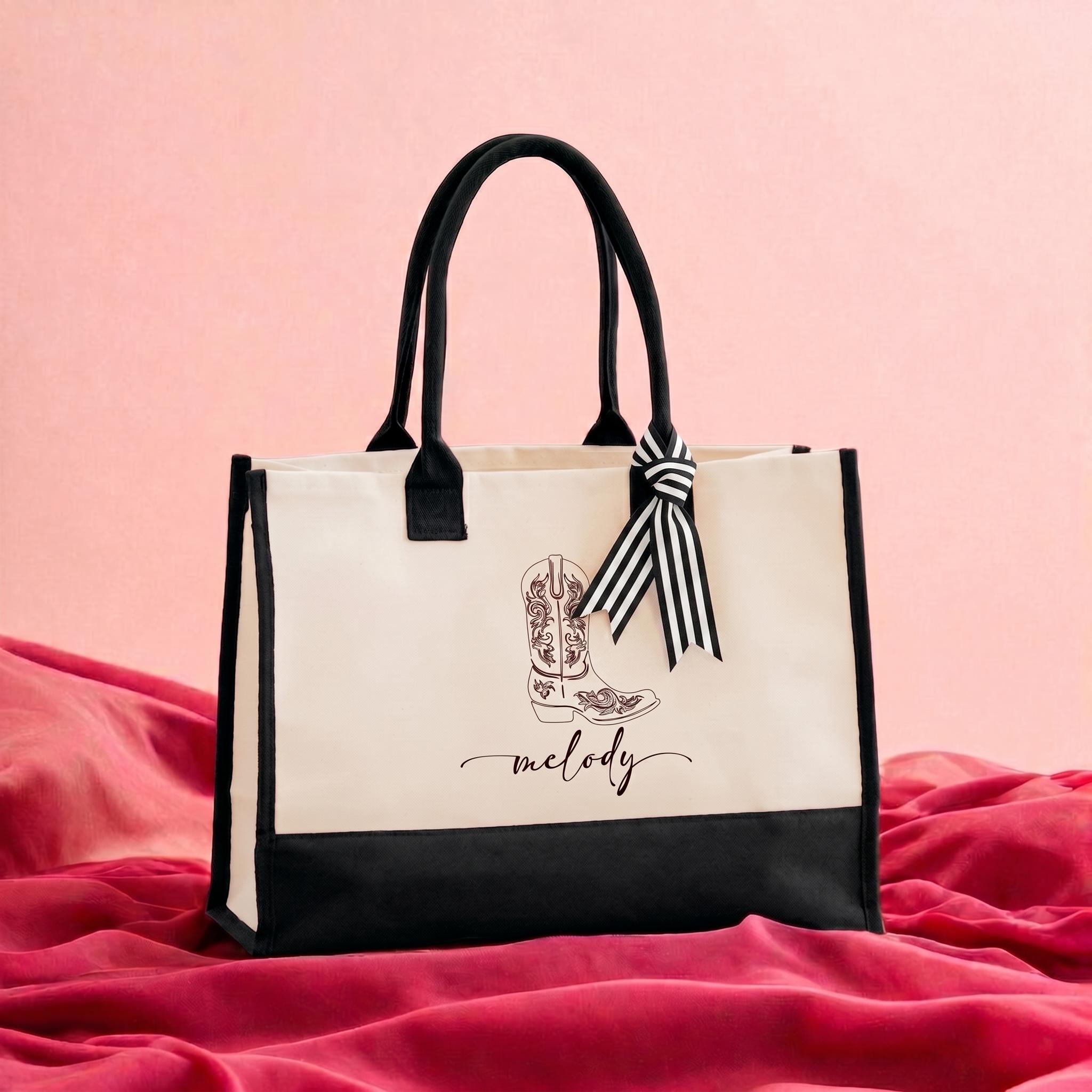 Custom Cowgirl Tote Bag Canvas Tote Bag For Bridal Party Women Western Nashville Bachelorette Aesthetic Beige Black Two Tone Canvas Cotton Bride Squad Souvenir Gift Southern Belle Bridesmaid Proposal Favor Personalized Name Boot Design 2