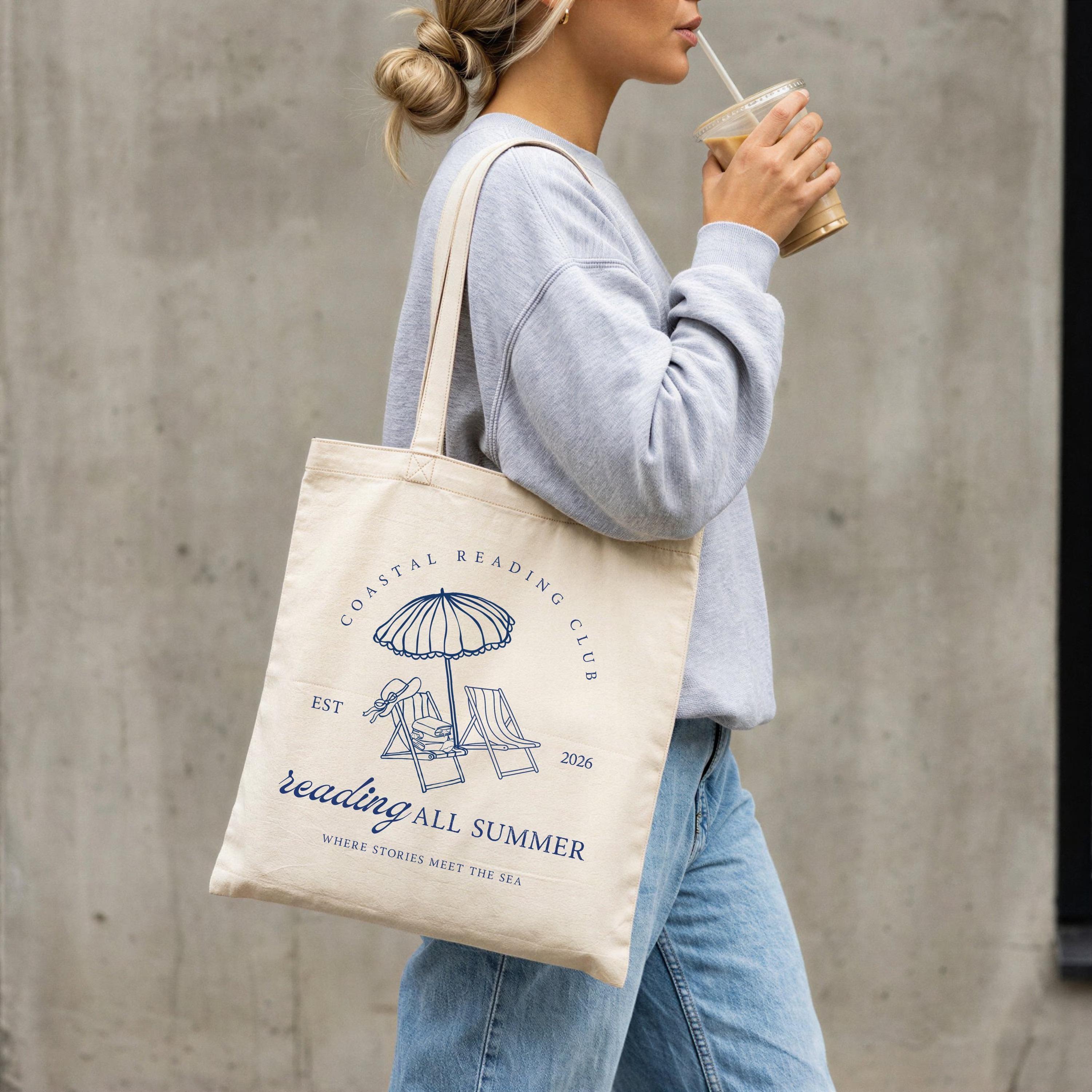 Coastal Reading Club Beach Tote Bag Canvas Book Bag For Women And Book Lovers Preppy Minimalist Natural Canvas Summer Vacation Travel Essentials Holiday Beach Tote Bookish Gift For Readers BookTok Aesthetic Merch 3