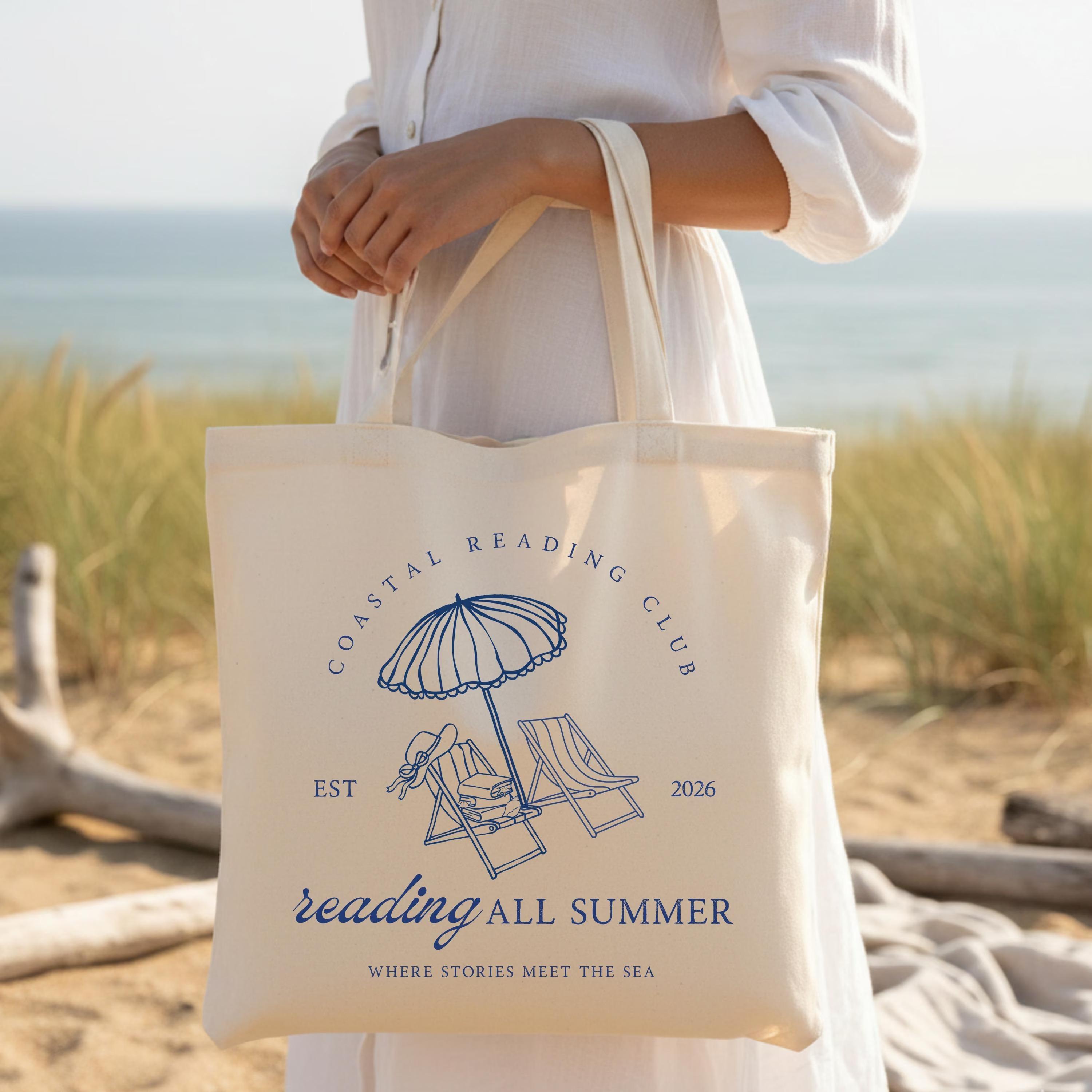 Coastal Reading Club Beach Tote Bag Canvas Book Bag For Women And Book Lovers Preppy Minimalist Natural Canvas Summer Vacation Travel Essentials Holiday Beach Tote Bookish Gift For Readers BookTok Aesthetic Merch 4